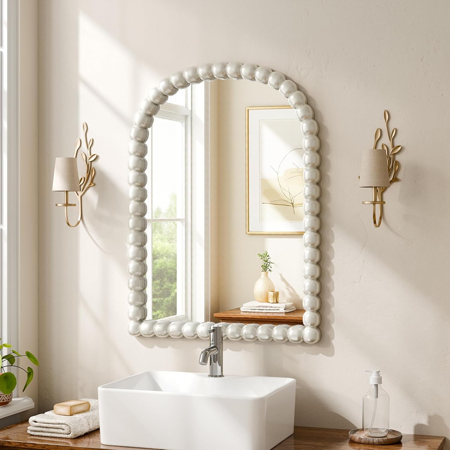 22"×30" Silver Arched Bathroom Vanity Mirror, Vintage Beaded Decorative Wall Mounted Makeup Mirror, as Wall Decor Hanging Leaning for Fireplace Mantle, Living Room, Bedroom, Vanity Area