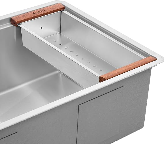 Ruvati Workstation Sink Colander 17.25 inch Stainless Steel with Wooden Handles - RVA1317