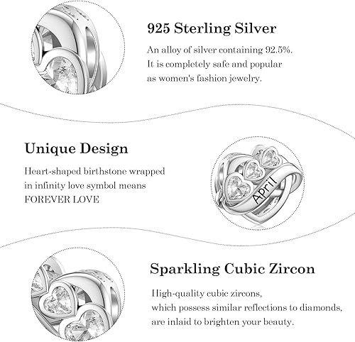 Miniatura 5 de JIAYIQI Dije de piedra natal para pulsera, plata de ley 925 con corazón de amor infinito grabado simboliza, dijes de feliz cumpleaños para pulsera
