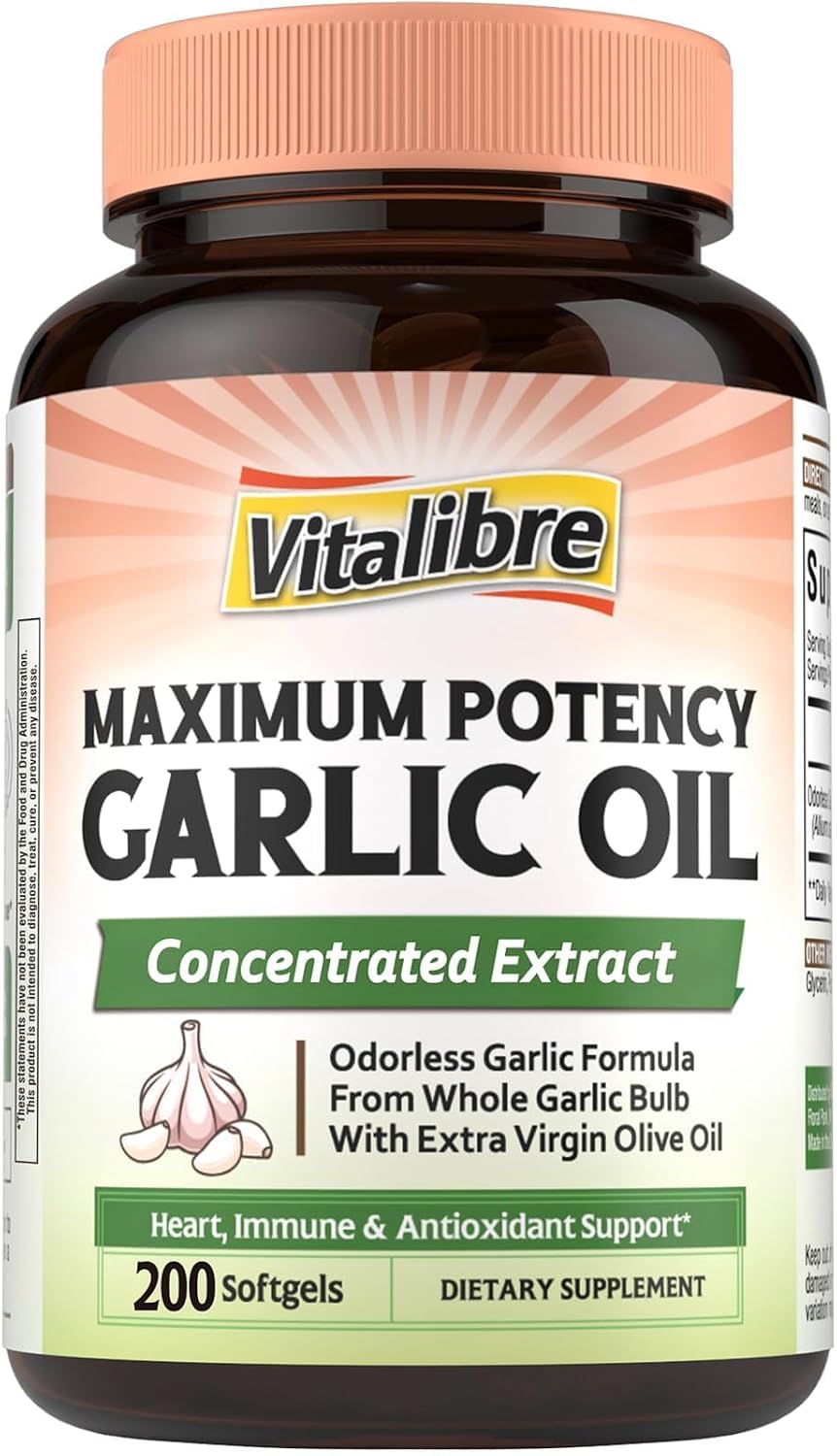 Vitalibre Odorless Garlic Oil, Maximum Potency, Concentrated Extract, Non-GMO, No Gluten, Heart & Immunity, Antioxidant Defense, 200 Softgels