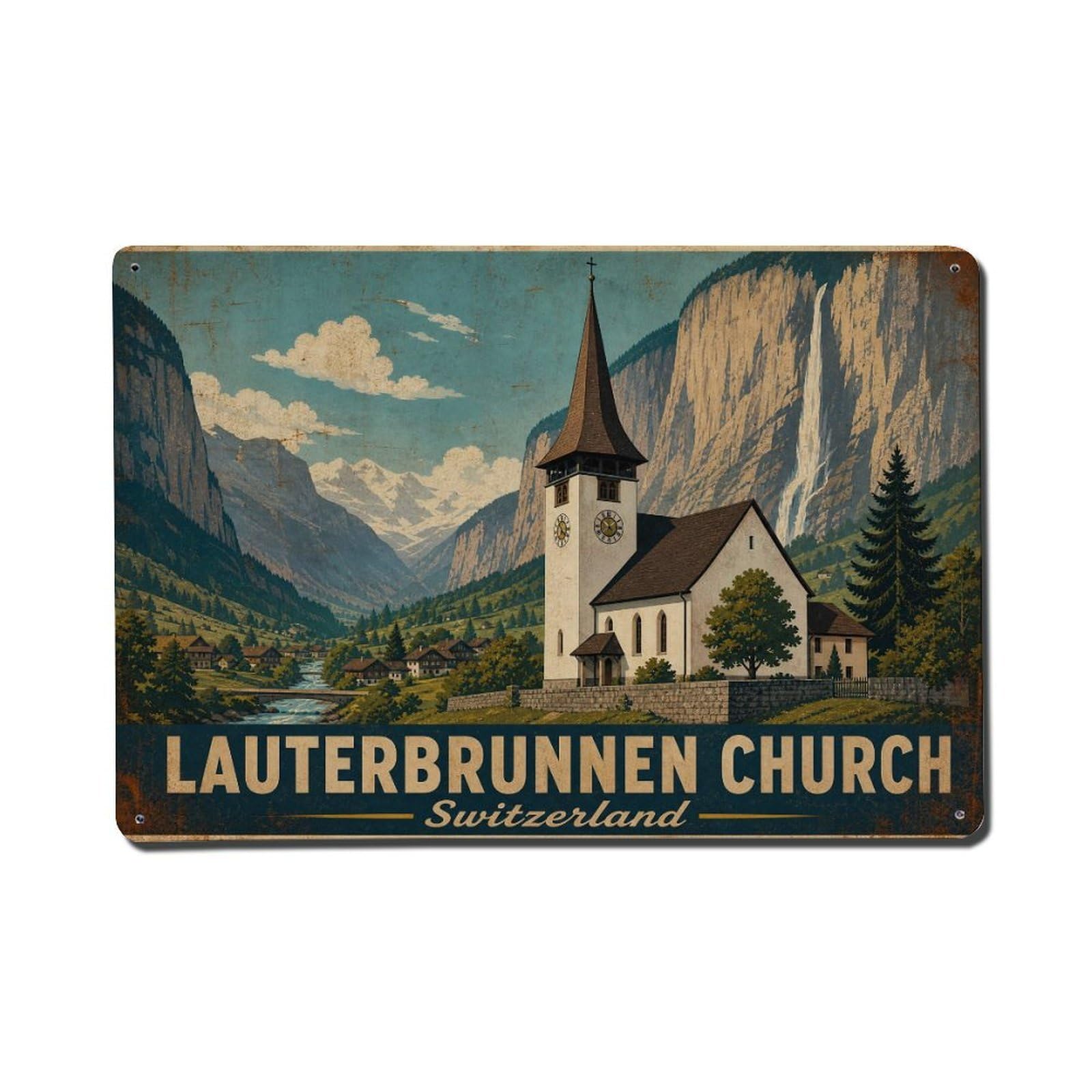 Gead 8X12inch Style Vintage Travel Lauterbrunnen Switzerland Church Metal Tin Sign