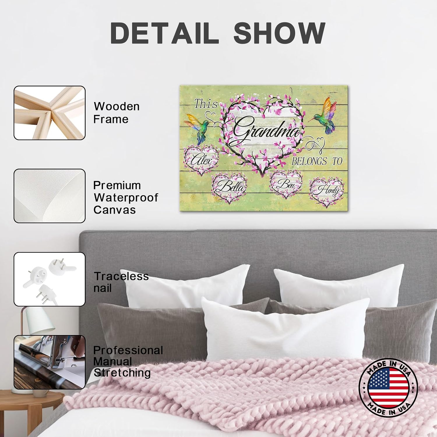 iLOOKLiKE Personalized Grandma Gifts Ideas Flower Heart Sign with Name Wall Art Unique Birthday Presents Custom Best Hummingbirds Canvas Prints Poster Framed Home Decor from Grandkids