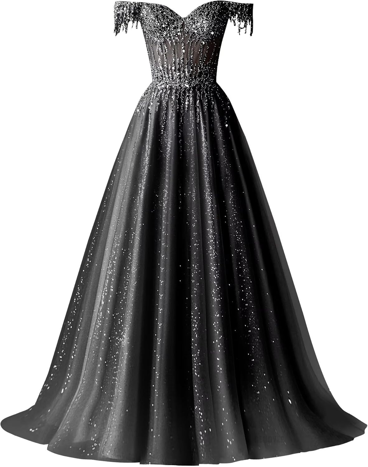 2026 Off Shoulder Beaded Prom Dresses Sparkly Tulle Ball Gown Flowy A Line Formal Evening Dress