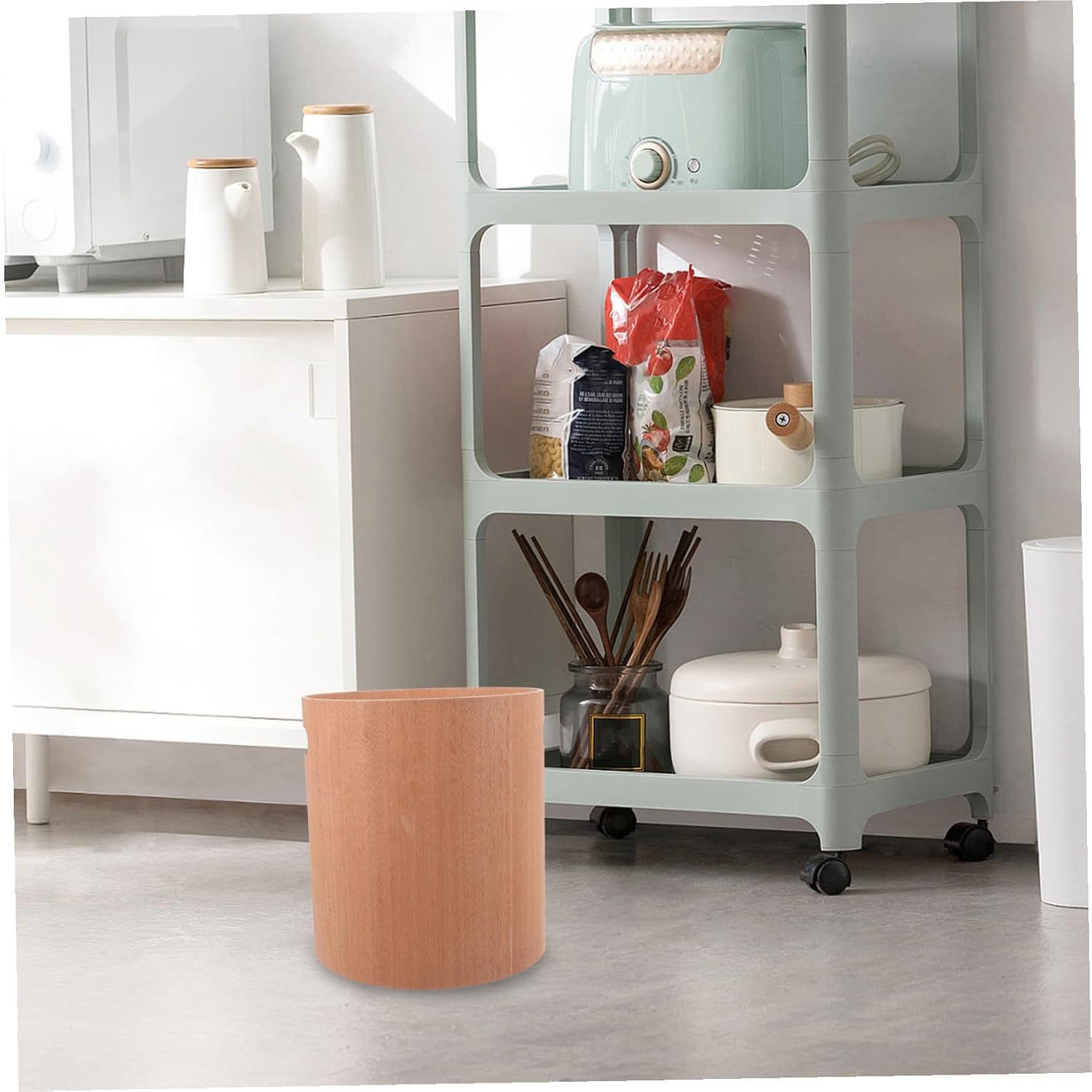 Uonlytech Japanese Style Wooden Trash Can, Small Desktop Garbage Bin, Round Wood Wastebasket for Office, Bedroom, Bathroom Storage and Organization