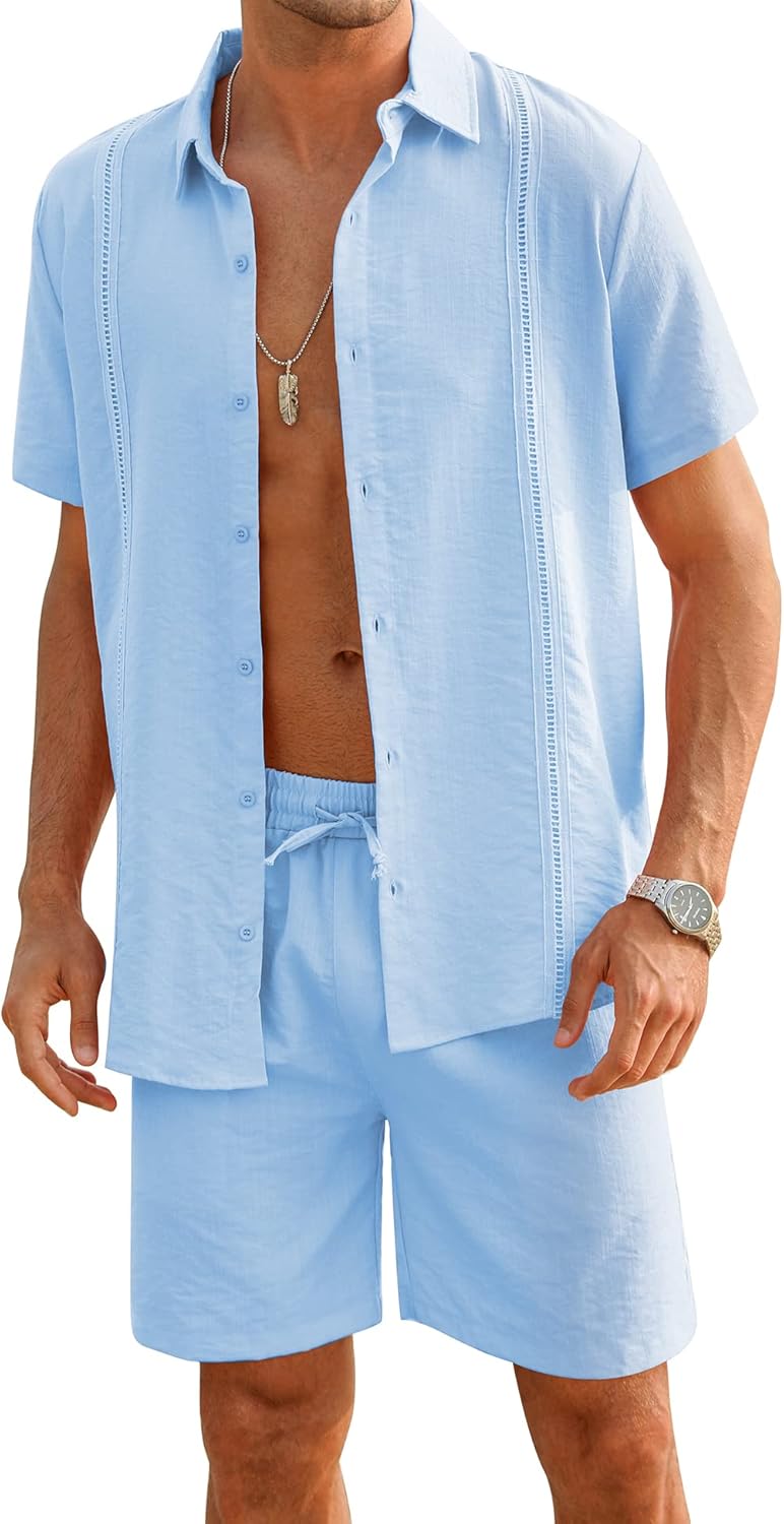 LecGee Linen Sets For Men Button Down Cuban Guayabera Shirt Shorts Set 2 Piece Linen Outfits