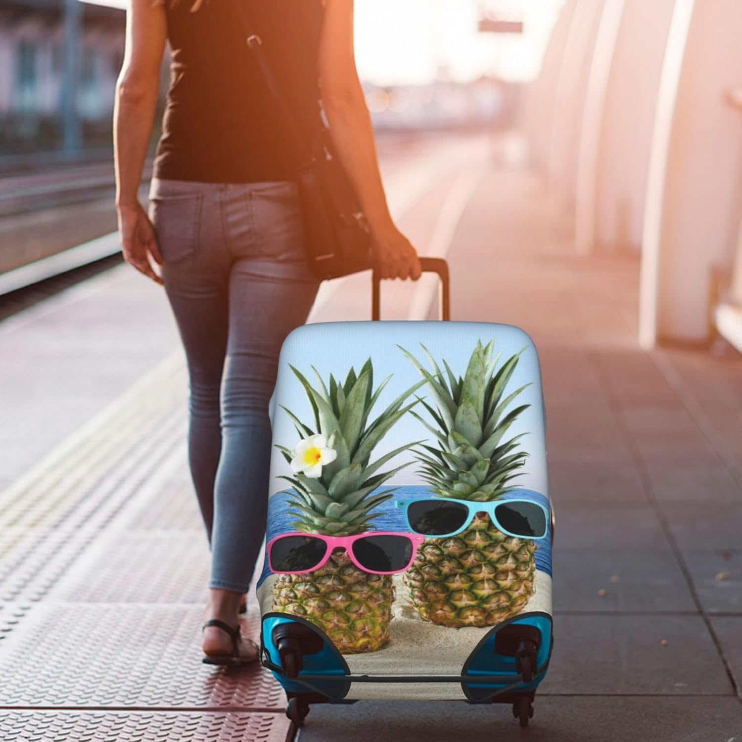 EdNeY Tropical Pineapple in Sunglasses Travel Luggage Cover Elastic Anti-scratch Suitcase Cover Protector Spandex Stretch Luggage Baggage Covers Fits 29-32 Inch Luggage,XL