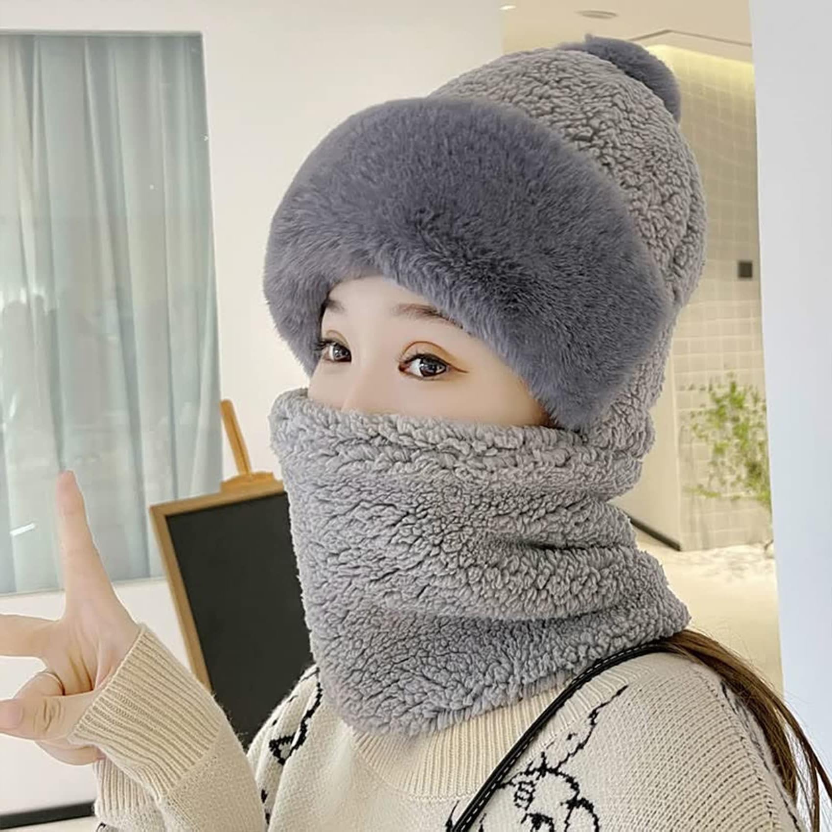 SYGA SYGABalaclava Face Cover for Women Winter Cap Comfortable Scarf Mask Ear Neck Protection (Above 15 Year) Grey 3