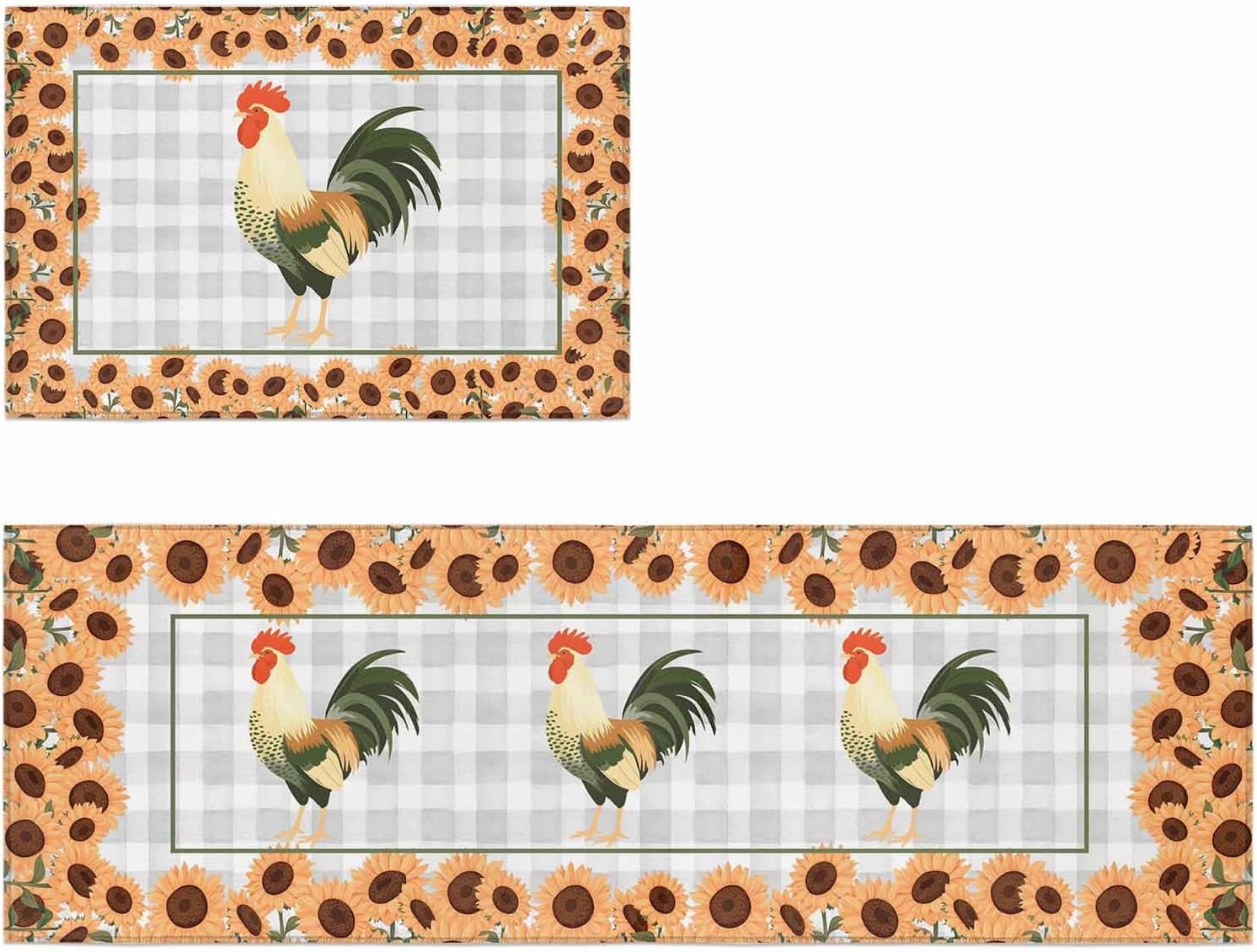 Kitchen Mats for Floor Country Rooster Sunflower Washable Non Slip Kitchen Rugs 2PCS, Farmhouse Animal Plant Buffalo Plaid Absorbent Standing Mats for Sink Office Living Room 15.7x23.6in+15.7x47.2in