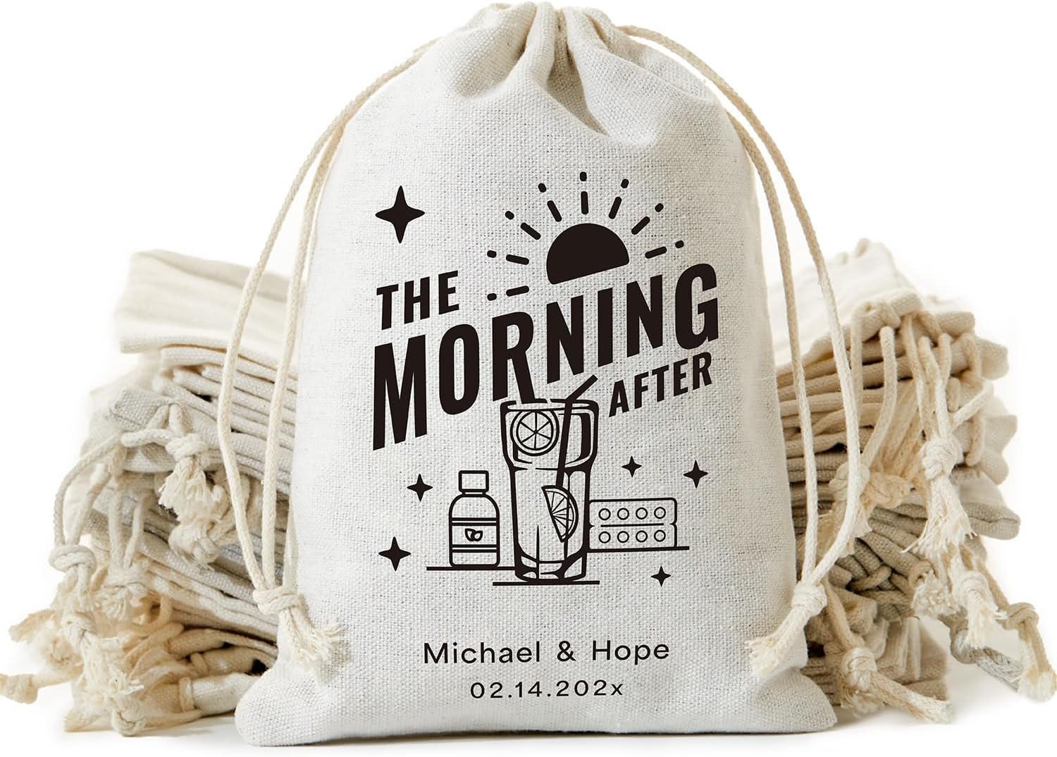 25PCS Custom Wedding Hangover Recovery Kit Bag, Eco-Friendly Ink Hand-Printed Cotton Drawstring Survival Kit, Bachelorette Party & Wedding Guest Favor Emergency Bag