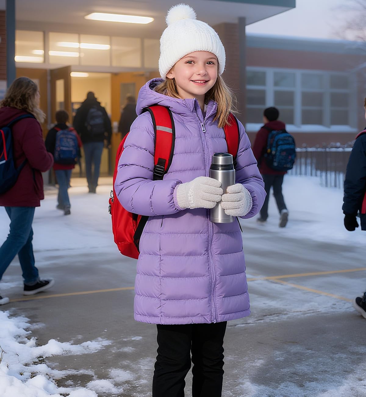 Enlifety 4-11T Girls Winter Coat Long Lightweight Hooded Puffer Jacket - Image 3