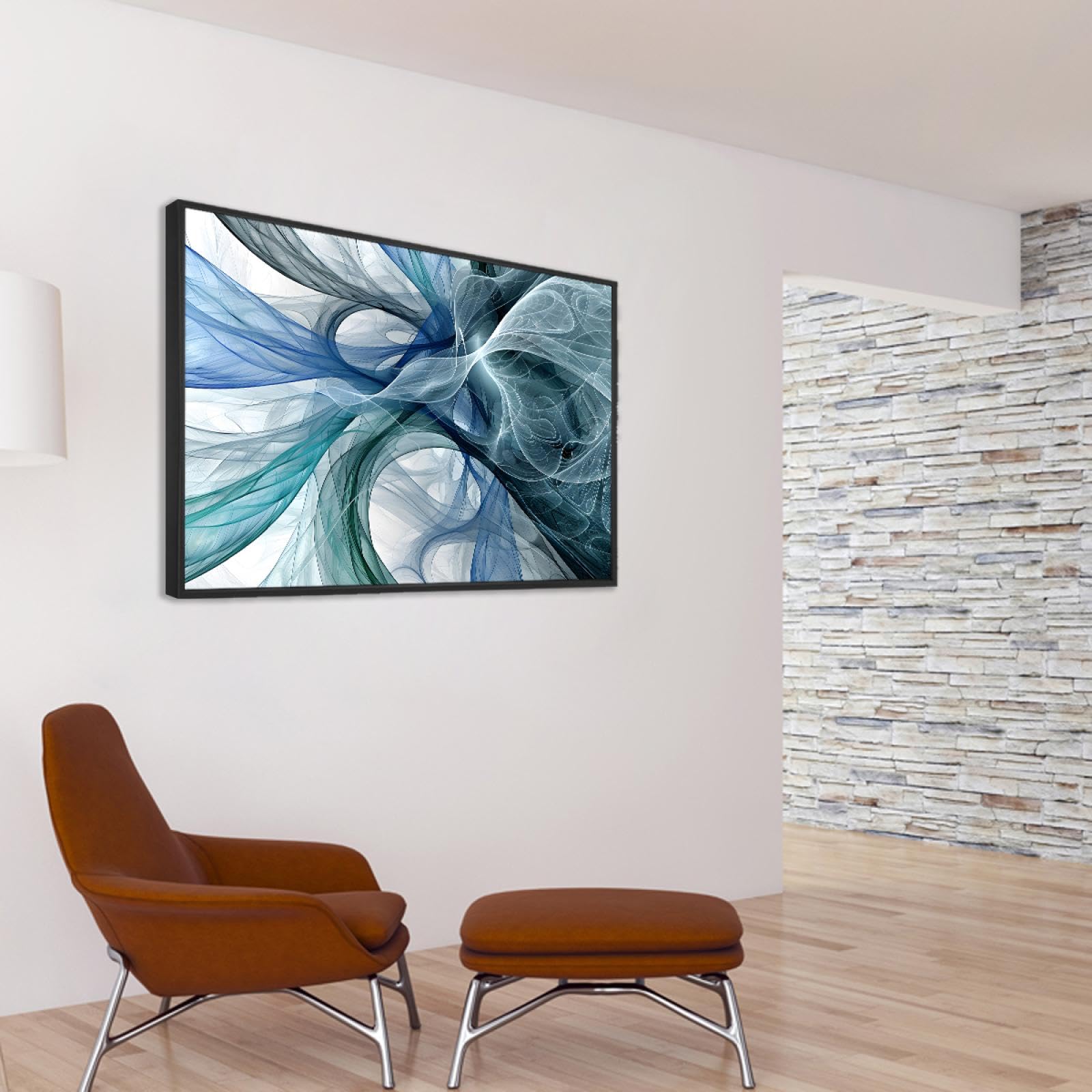 Via Vela Impression d’art mural sur toile de style moderne abstrait bleu vert lignes blanches motif volant affiche peinture oeuvre d’art musée qualité pour salon décor 66x102cm avec-cadre-noir