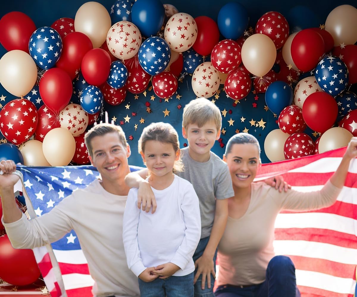 12x8ft 4th of July Backdrops for Photography Fourth of July Decorations Red White Blue Balloon Arch Patriotic Backdrop Veterans Day Labor Day Photo Background Family Photo Props for Photoshoot
