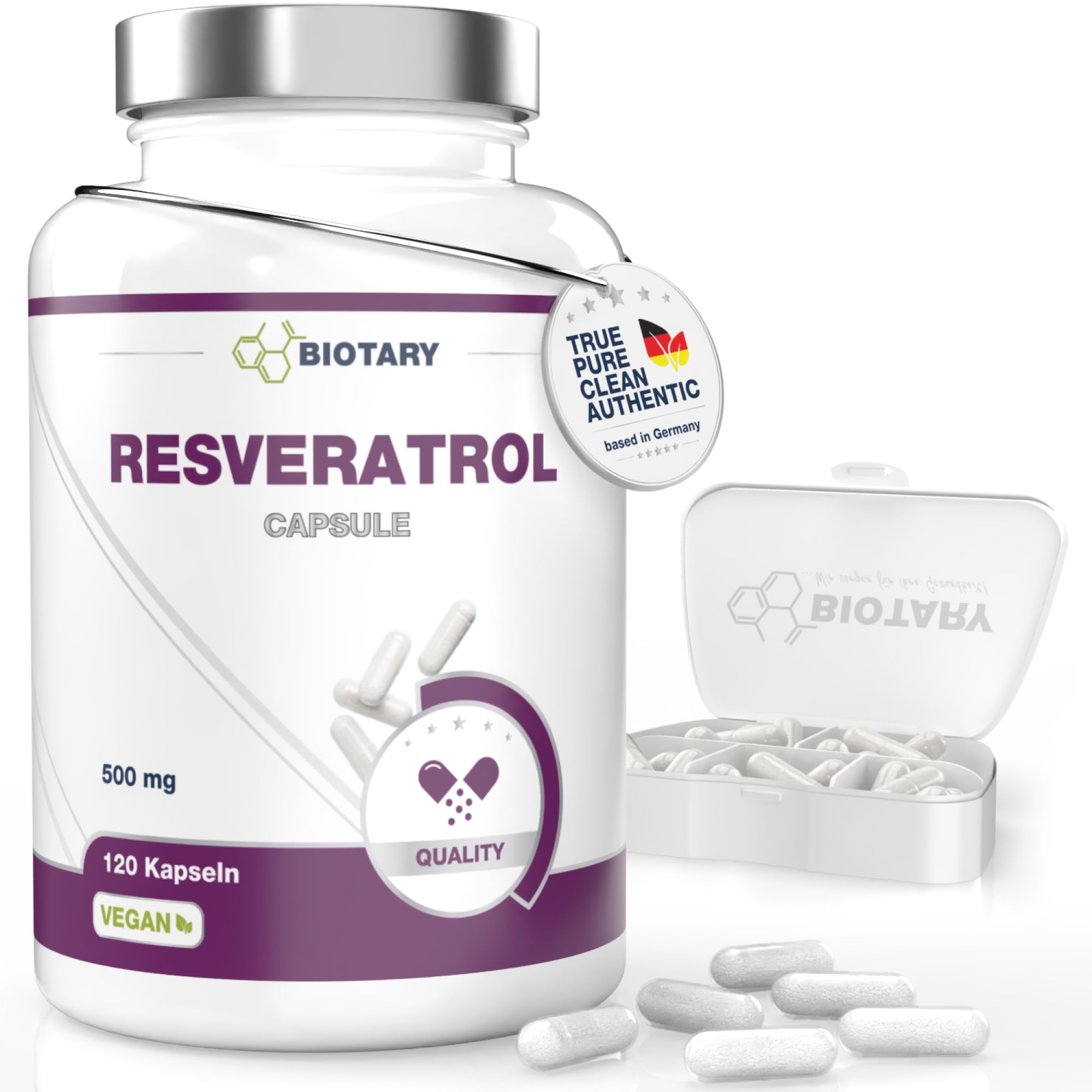 Resveratrol 120 Kapseln 500 mg pro Kapsel aus 98% Trans Resveratrol japanischem Staudenknöterich Wurzelextrakt inklusive Pillenbox 4 Monate Vorrat 100% vegan reine Rezeptur geprüfte Qualität