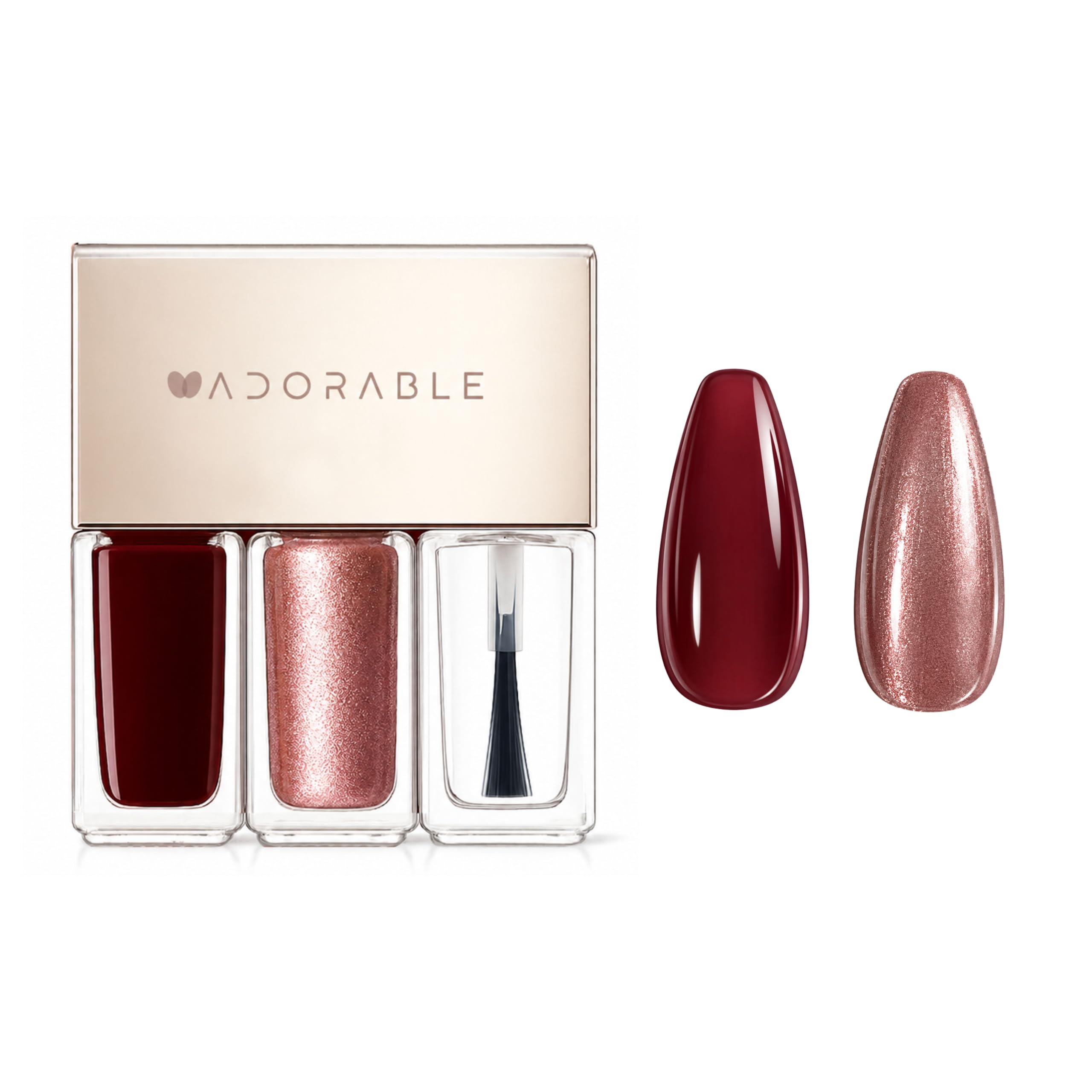 Pluchke Vegan Nail Polish 3pc Set – Burgundy & Metallic Rose Gold + Clear Top Coat | Halal, Water-Based, Breathable, Chip-Resistant, 0.51 fl oz