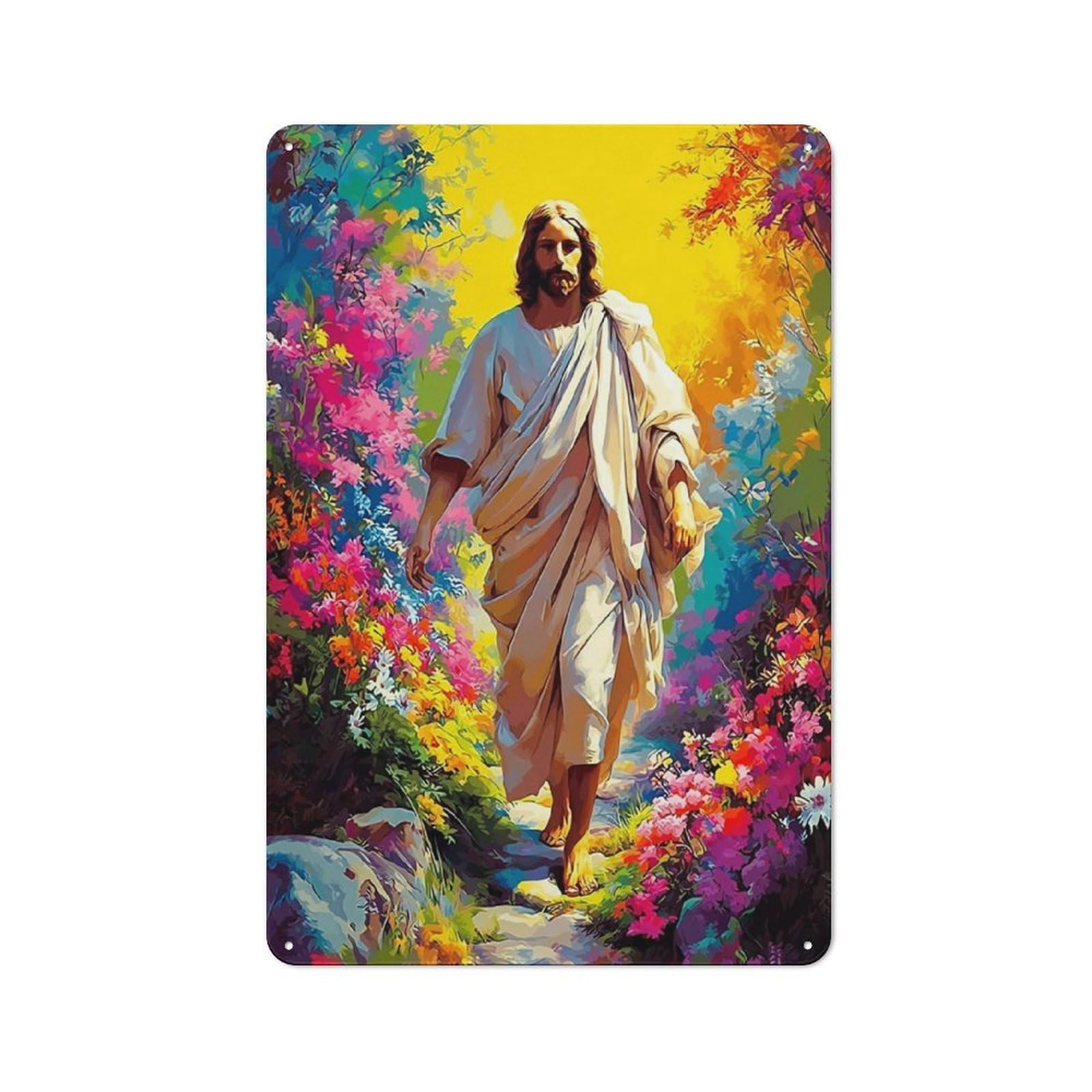 Junmoney Jesus In The Garden Of Flowers Metal Wall Sign 30X20cm, Rustic Decor For Home Bar Wall, Gift Idea At Christmas For Hosts Who Enjoy Retro Interiors