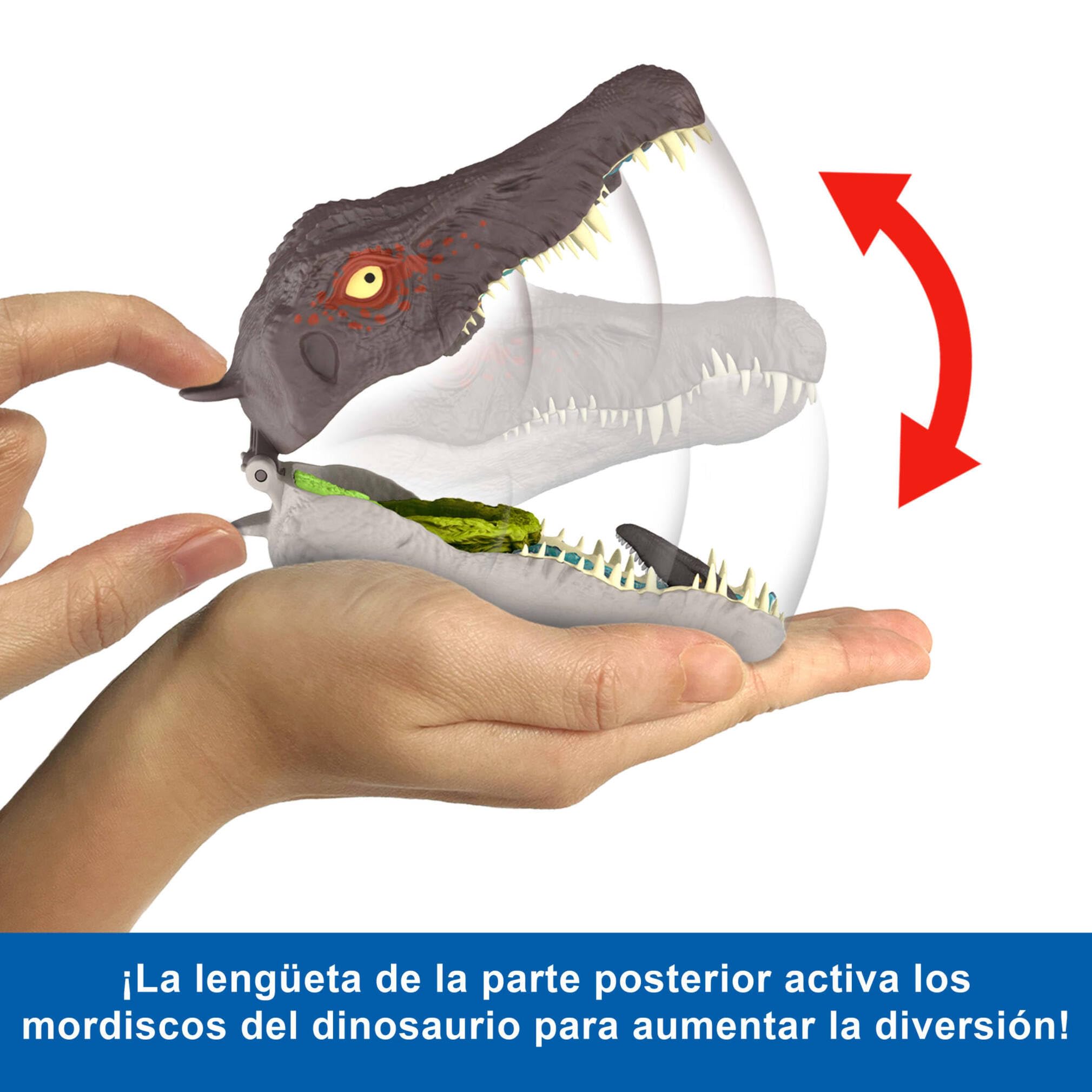 Mattel Jurassic World: El Renacer, Conjunto de juego Mini, la cabeza del Spinosaurio se abre, 4 funciones interactivas, 3 Micro figuras, Dinosaurio de juguete, JGB98