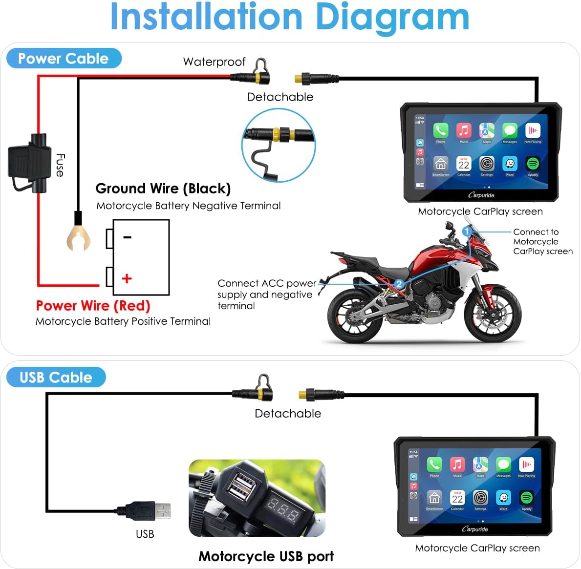 Diagram showing power cable connection to motorcycle battery and USB cable connection to motorcycle USB port.