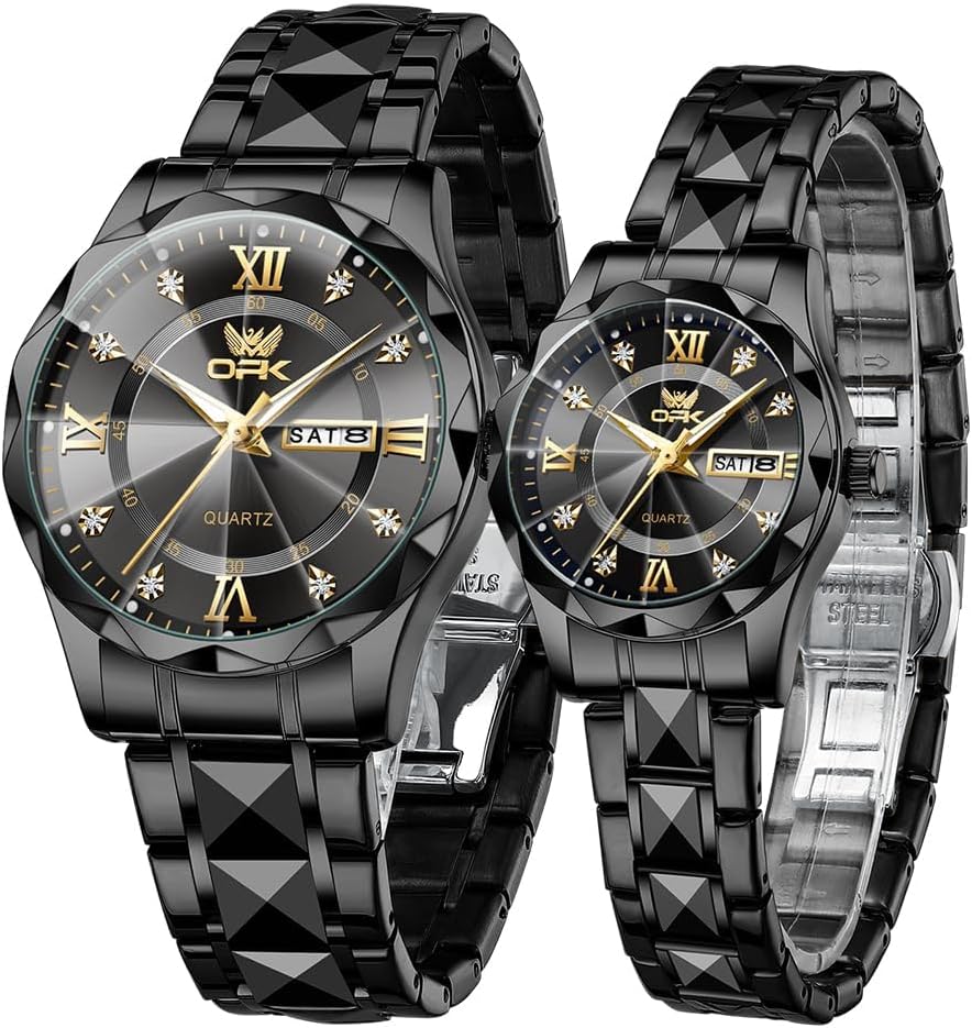 OPK His and Her Couple Watches Set Romantic Love Gift Day Date Stainless Steel Luminous Waterproof Black Silver Gold Tone a Pair 2 Wrist Watches Matching Set