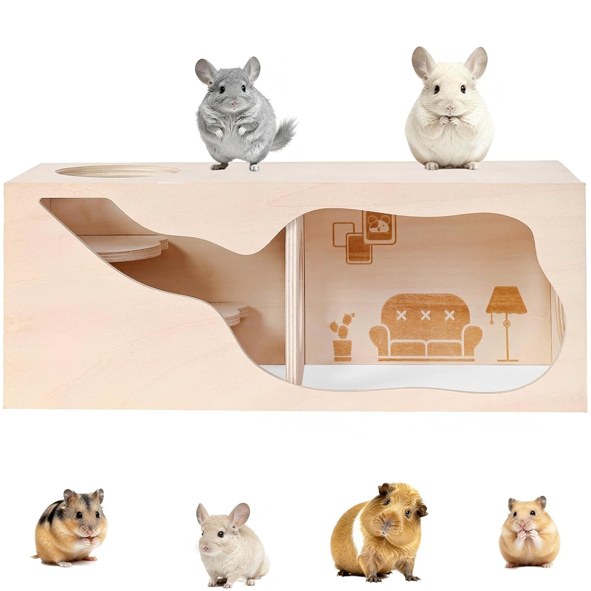 Gxdamxz Hamster Multi Chamber Hide, Wooden Hamster House and Tunnel for Syrian Hamsters, Decorative Cage Accessories for Small Pets