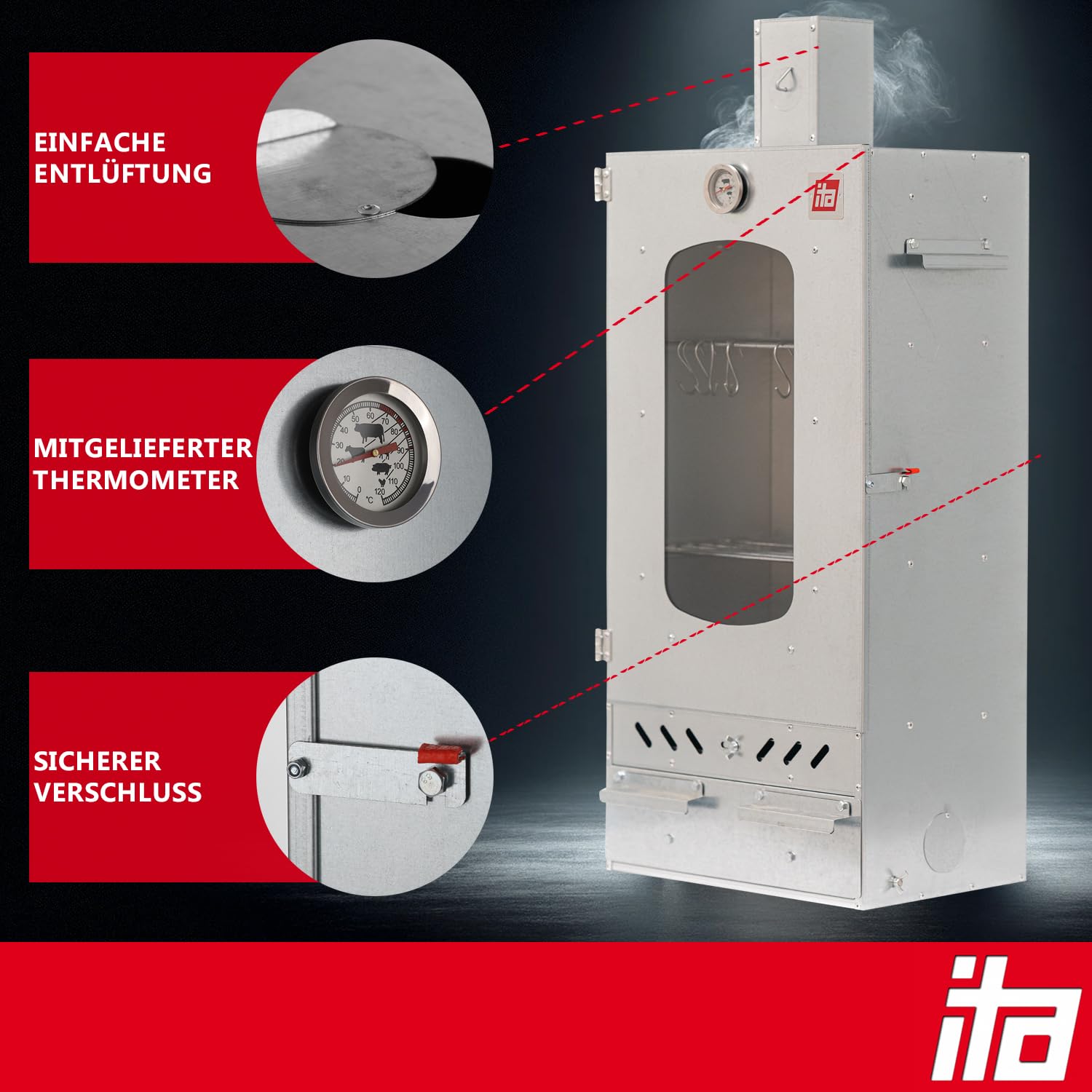 ITA Räucherofen 7012 - Smoker Set mit Rauchgenerator & Räucherspänen - Räucherschrank mit 3 Etagen - Legierter Stahl, mit Sichtfenster & Kaminabzug - Qualität Made In EU Direkt vom Hersteller