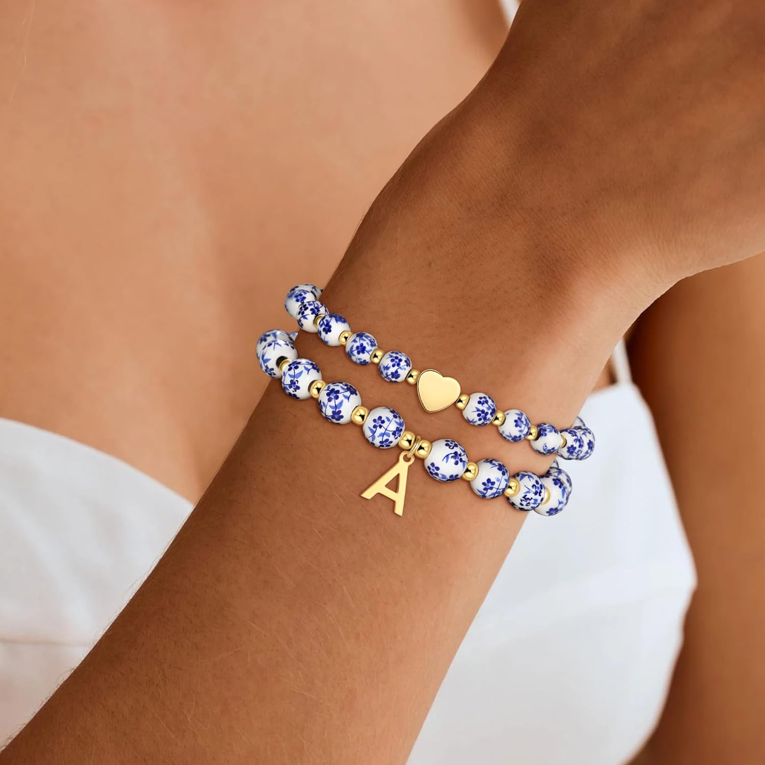 Bead Charm Heart Initial Bracelet for Women Girls - 2PCS Flower Vintage Heart Initial Bracelet Teen Girls Gifts Handmade Stretch Gold Beaded Dainty Romantic Jewelry Gift for Women Girl - Image 2