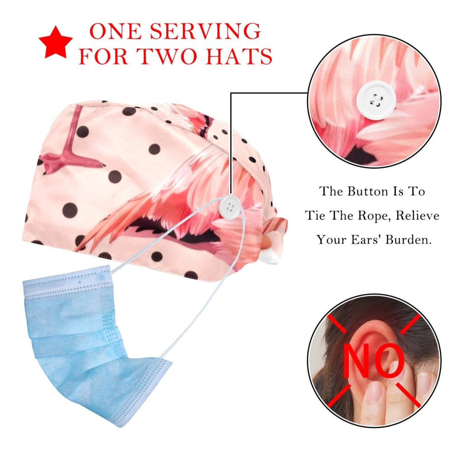 2 Pcs Flamingos Polka Dots Working Cap with Buttons Sweatband Adjustable Hats Tie Back Hats