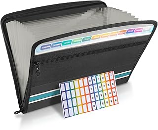 Pasta Sanfonada Plástica, Pasta Sanfonada com Bolsos, Pasta Sanfonada de Documentos, Pasta de Arquivo Expansível com Zíper, Pasta Sanfonada A4 com Divisões All Preto