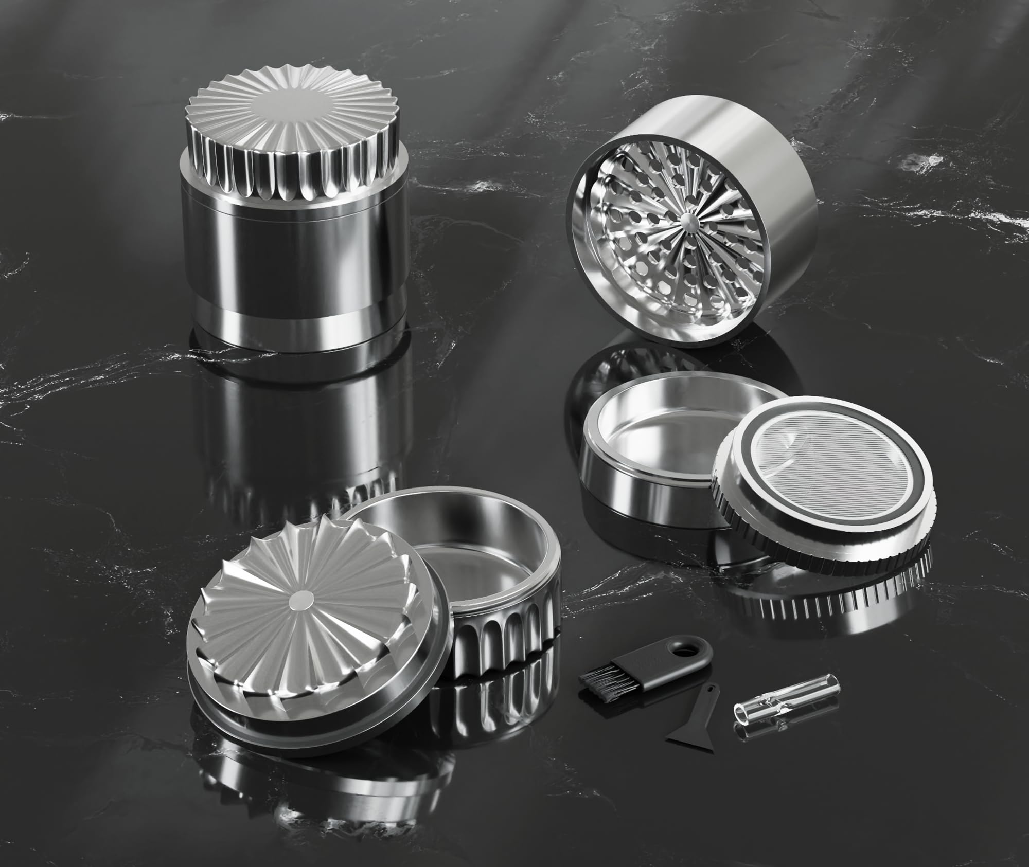 Molinillo de acero inoxidable sin dientes, 63 mm de diámetro, molinillo de hierbas de acero duradero y no se adhiere | 5 piezas con caja Stash integrada en la tapa, incluye funda protectora