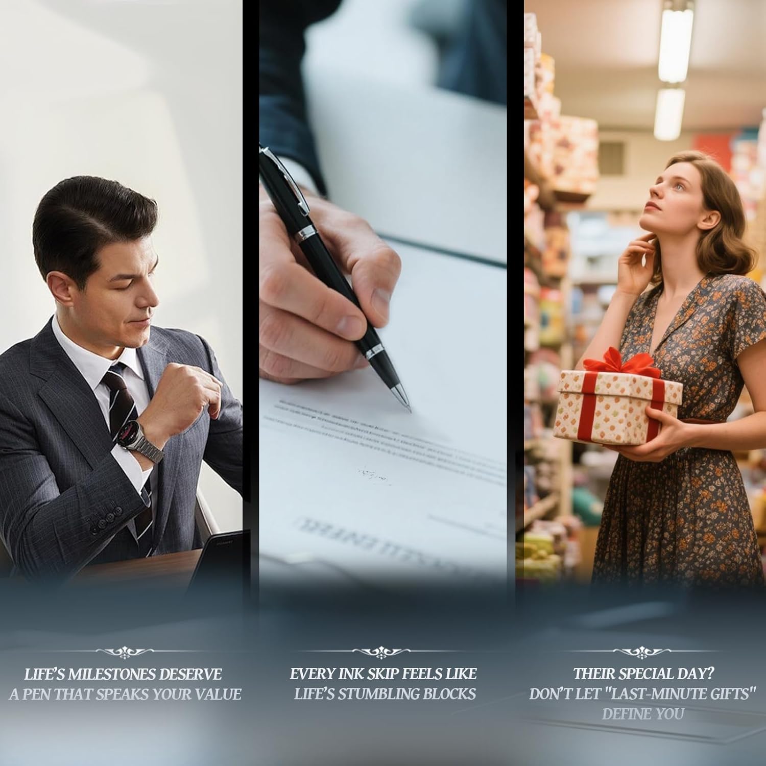 YUNCHUN Executive Pens for Men, Heavy Ballpoint Pens Set for Men Gift, Retractable Ball Point Pens for Work, Smooth Writing Black Ink with Lozenge Pattern, Silver - Image 3