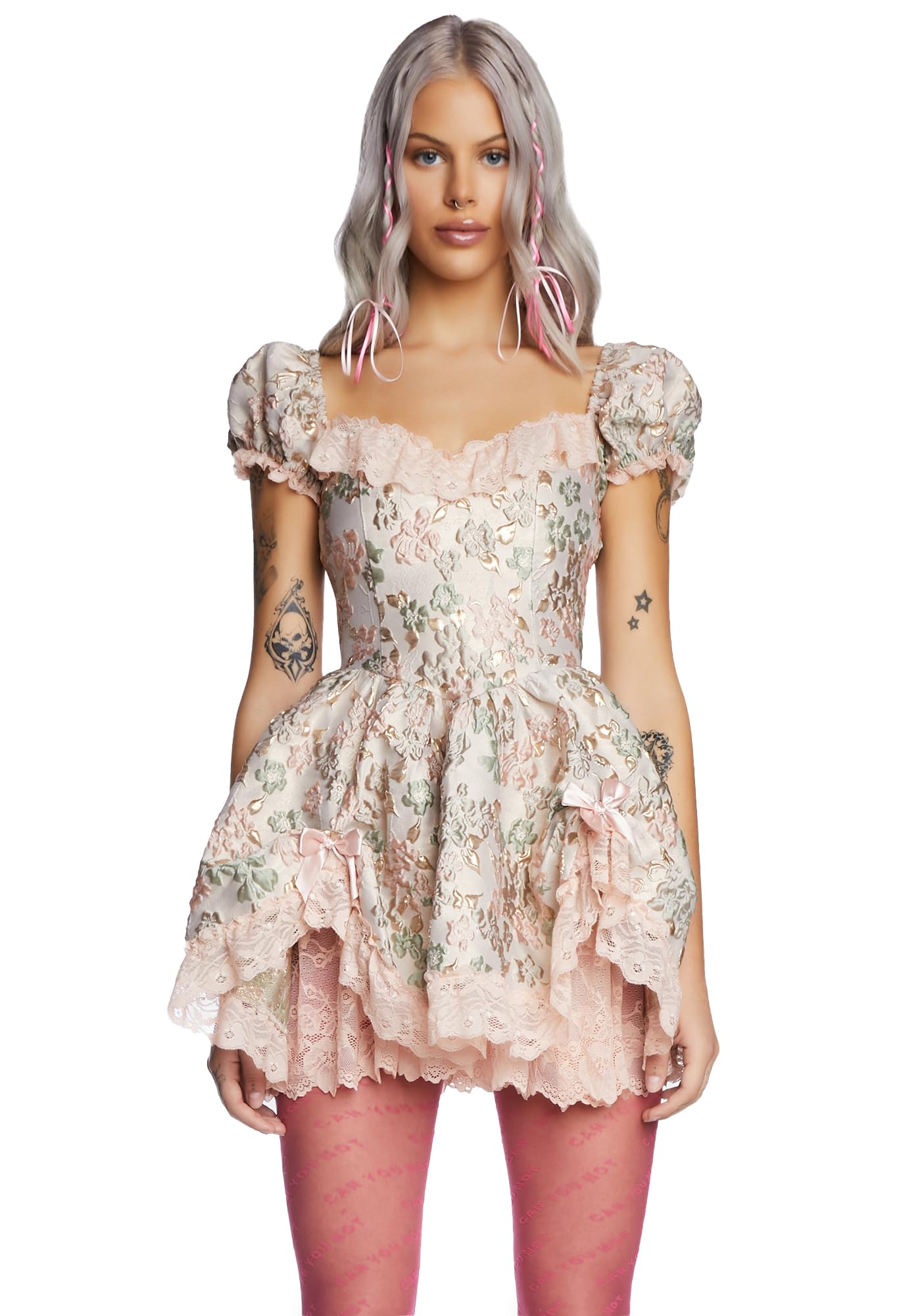 Dolls Kill Tea and Circumstance Brocade Mini Dress by Sugar Thrillz – Elegant Pink Dress with Puffy Sleeves & Bow