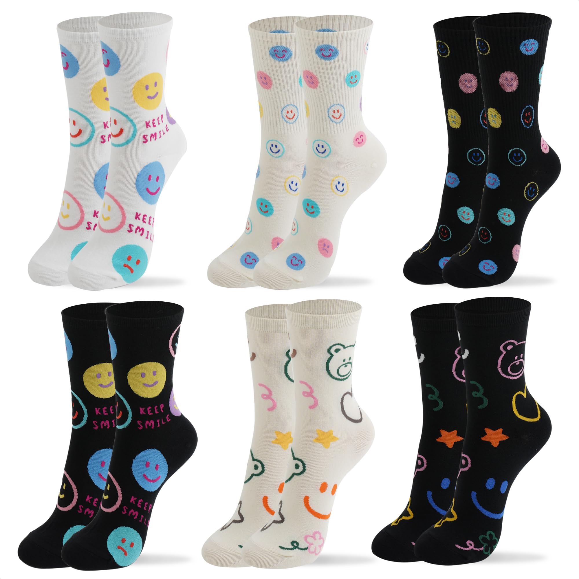 kikiya socksWomen Crew Socks | 4-6 Pairs Cute Smiley Face Print Heart Character Design Animal Fruit Graphic Stitch Cotton Socks | US 6-8