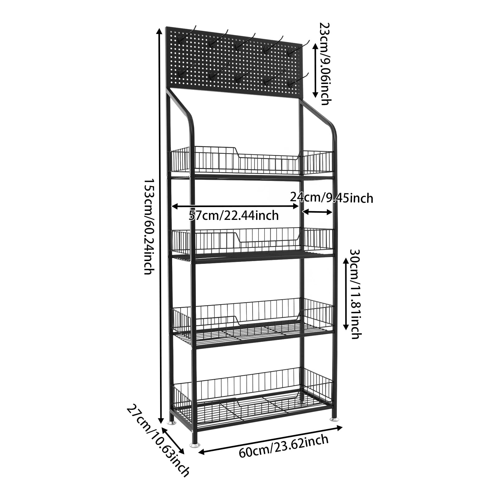 Hanmorfarbi Supermarket Shelf Drink Rack, Multilevel Snack Shelf with Hooks, Small Shelf for Kiosk Grocery Store, Convenience Store Display Shelf with Rollers (4 Tier Black, Adjustable feet)