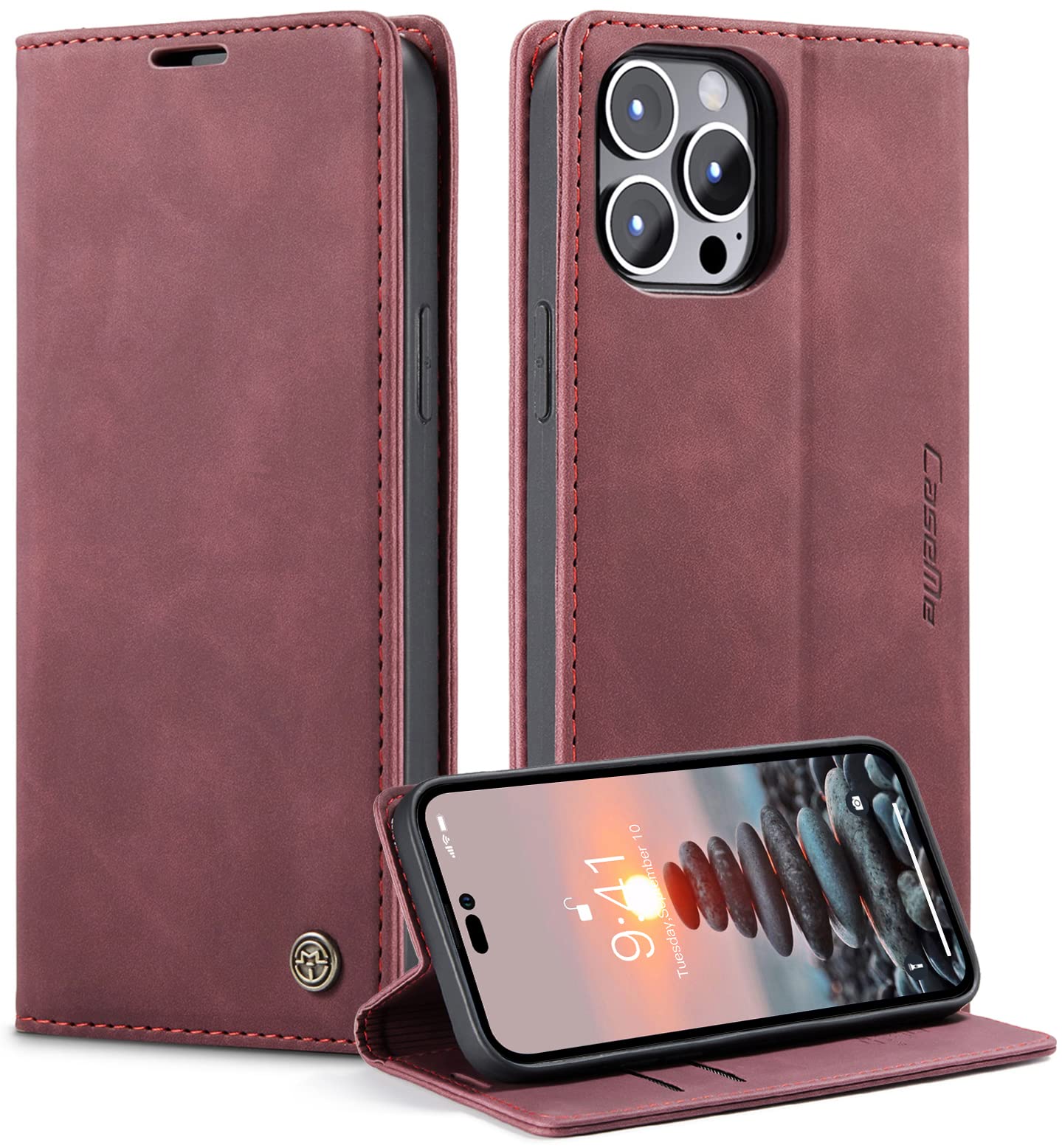 SINIANL iPhone 14 Pro Max Wallet Case, PU Leather Book Folding Flip Folio Case with Card Holders Kickstand Magnetic Closure Protective Cover for iPhone 14 Pro Max 2022 6.7 inch - Wine Red