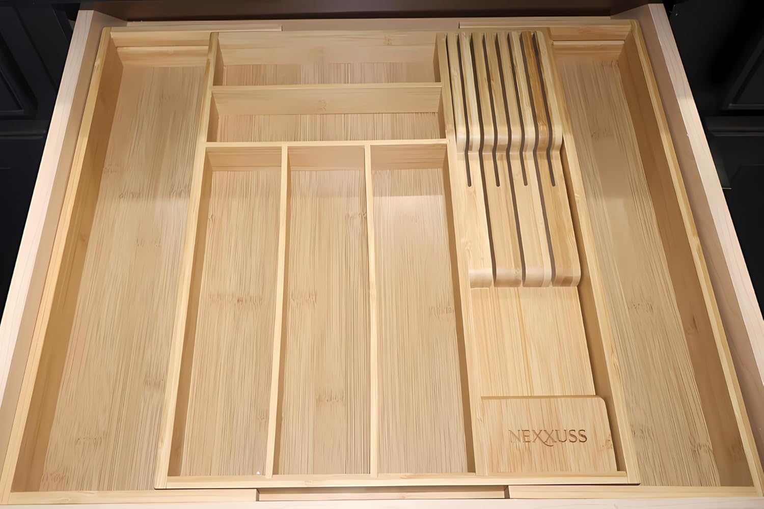 Nexxuss Bamboo Kitchen Drawer Organizer, Expandable Utensil Organizer with Removable Knife Block, Cutlery Tray Holder with Divider, Adjustable Silverware Organizer, Wood Tableware Dividers Storage