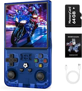 R36MAX Handheld Game Console, Retro Gaming Console with 4000mAh Battery 4.0”IPS Screen, Open Source Linux System, with 64GB TF Card Portable Video Gaming Console, Transparent Blue