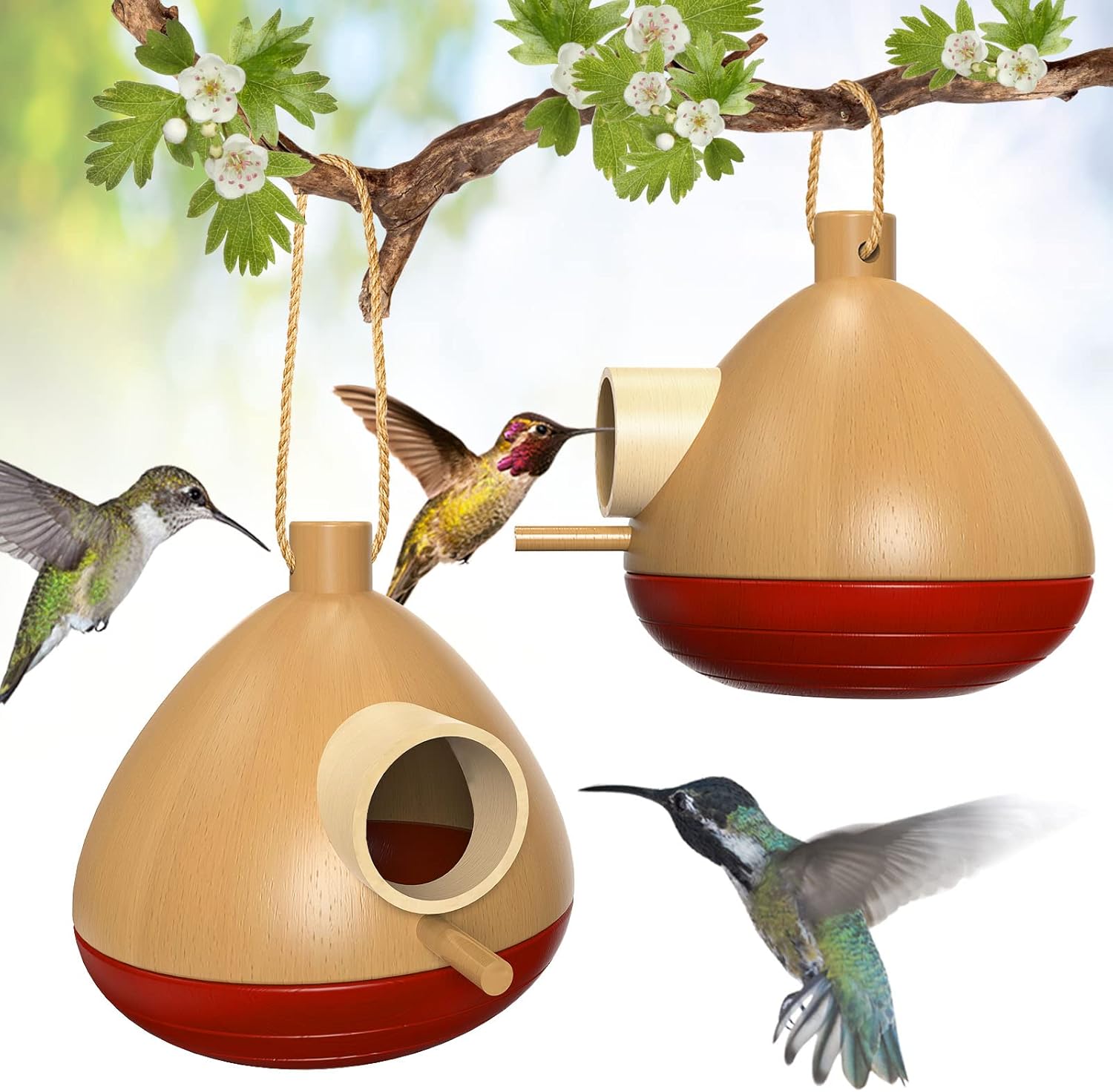 2 Pack Hummingbird House, Wooden Humming Bird Houses for Outside, Hanging Chickadee Nesting for Indoor Outdoor, Courtyard Decoration