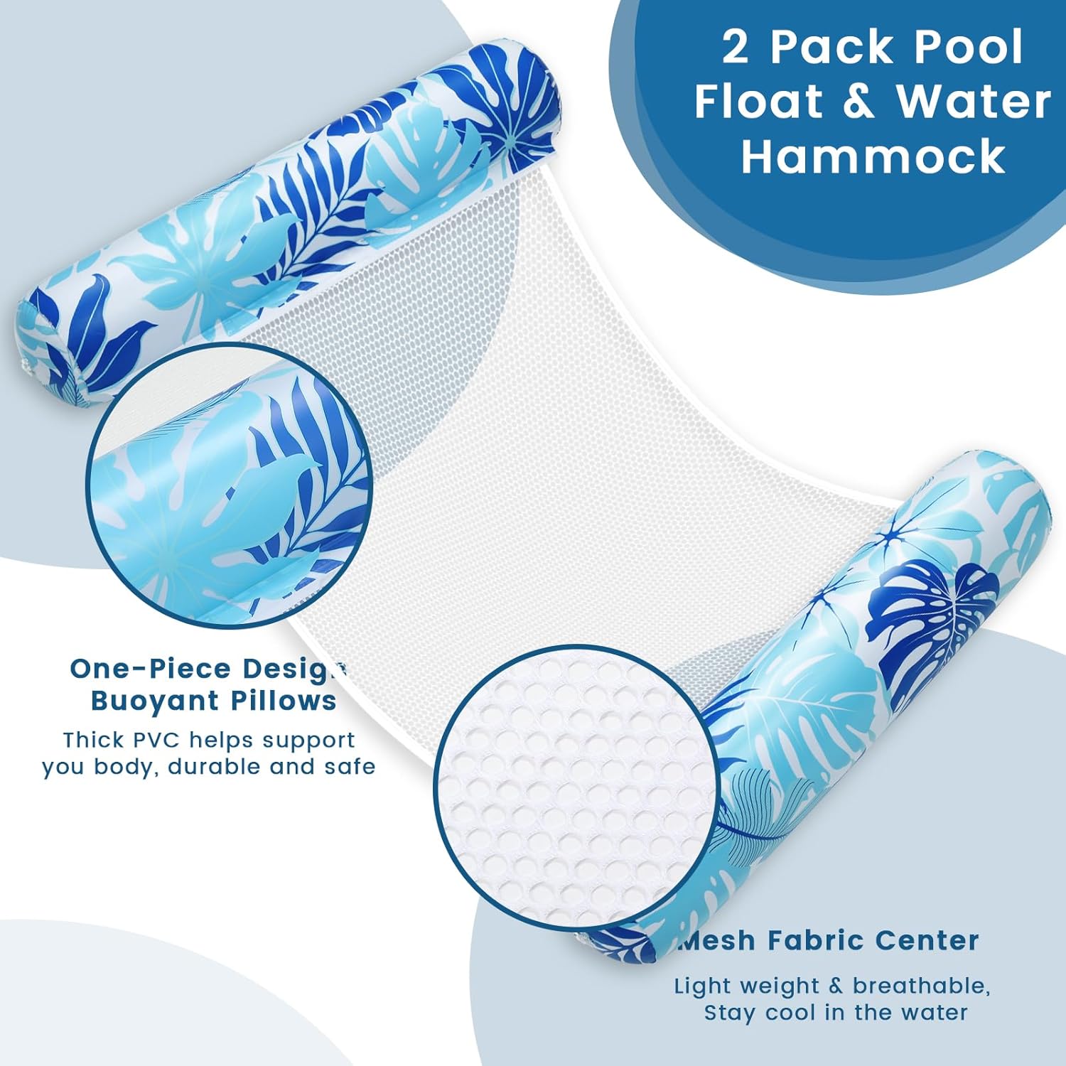 Pool Floats Adult, 2 Pack Inflatable Pool Floats, 4-in-1 Multi-Purpose Rafts Lounger Water Hammock for Swimming Pool, Thick PVC Pool Floaties for Adults Vacation