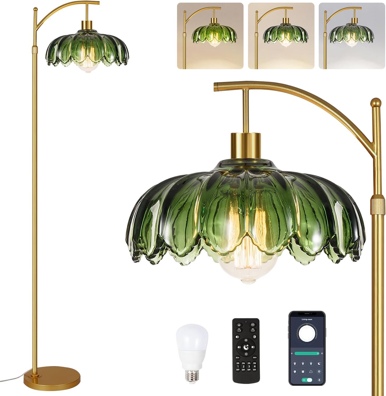 QIYIZM Gold Floor Lamp for Living Room,Bedroom,Mid Century Modern Standing Lamp with Remote,Dimmable Brass Tall Lamp Green Glass Lamp Vintage Retro Arc Floor Lamps Flower Floor Light Boho Bohemian