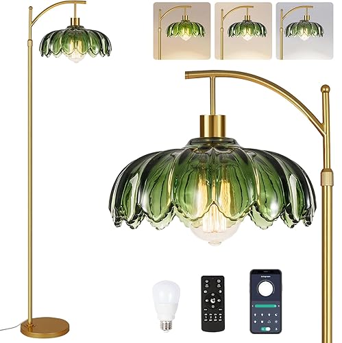 WLQCWL Arc Floor Lamps for Living Room Gold Floor Lamp with Remote Control,Dimmable Floor Lamp with Glass Lampshade,Vintage Mid Century Modern Standing Lamp Tall Flower Lamps for Bedroom Corner - Gold - 10.2inch