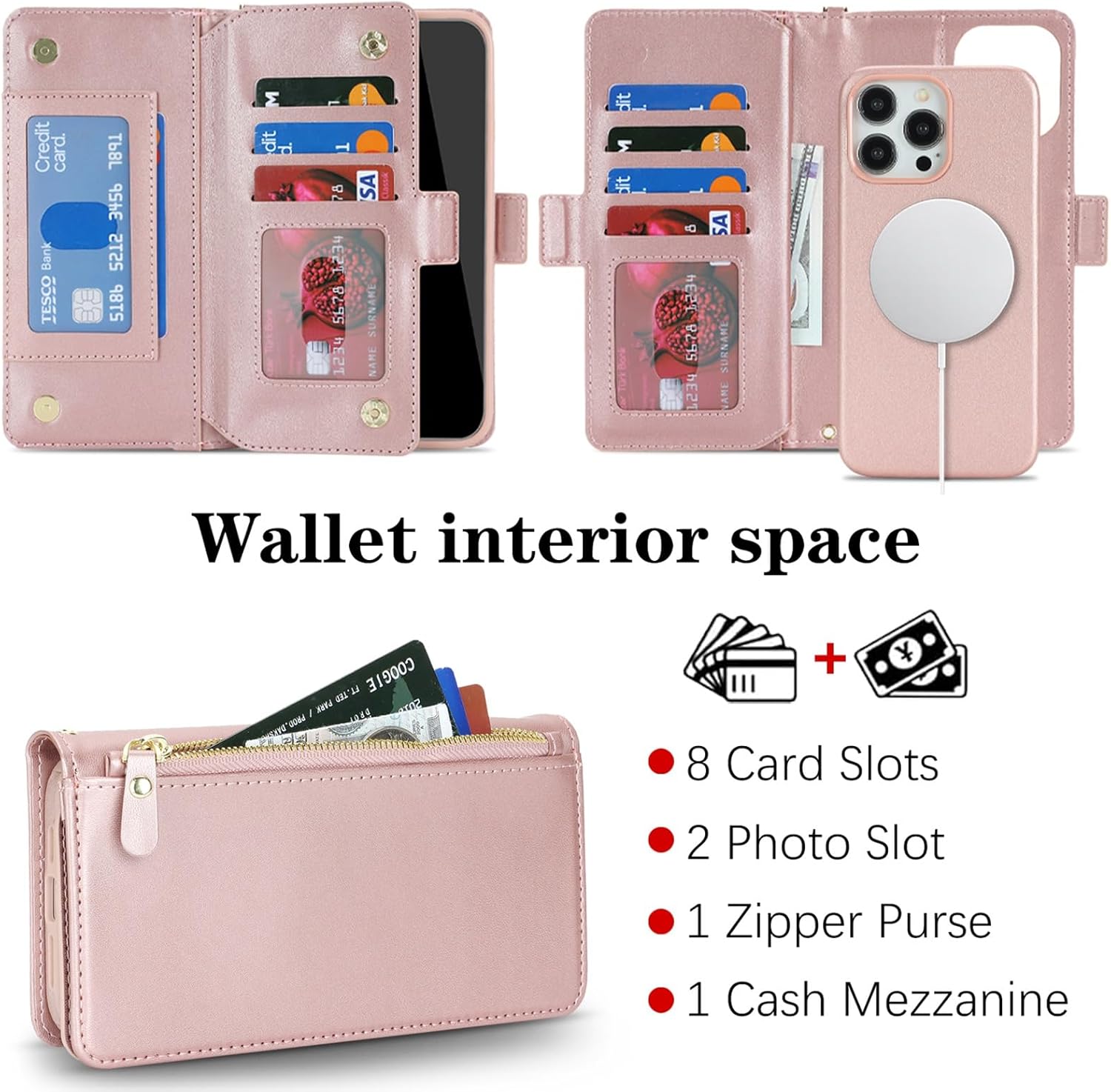 Jaorty for iPhone 15 Pro Max Detachable Wallet Case, [Compatible with MagSafe] [Card Holder] [Zipper Pocket],2-in-1 PU Leather Flip Purse Kickstand Wrist Strap Magnetic Cover,Rosegold