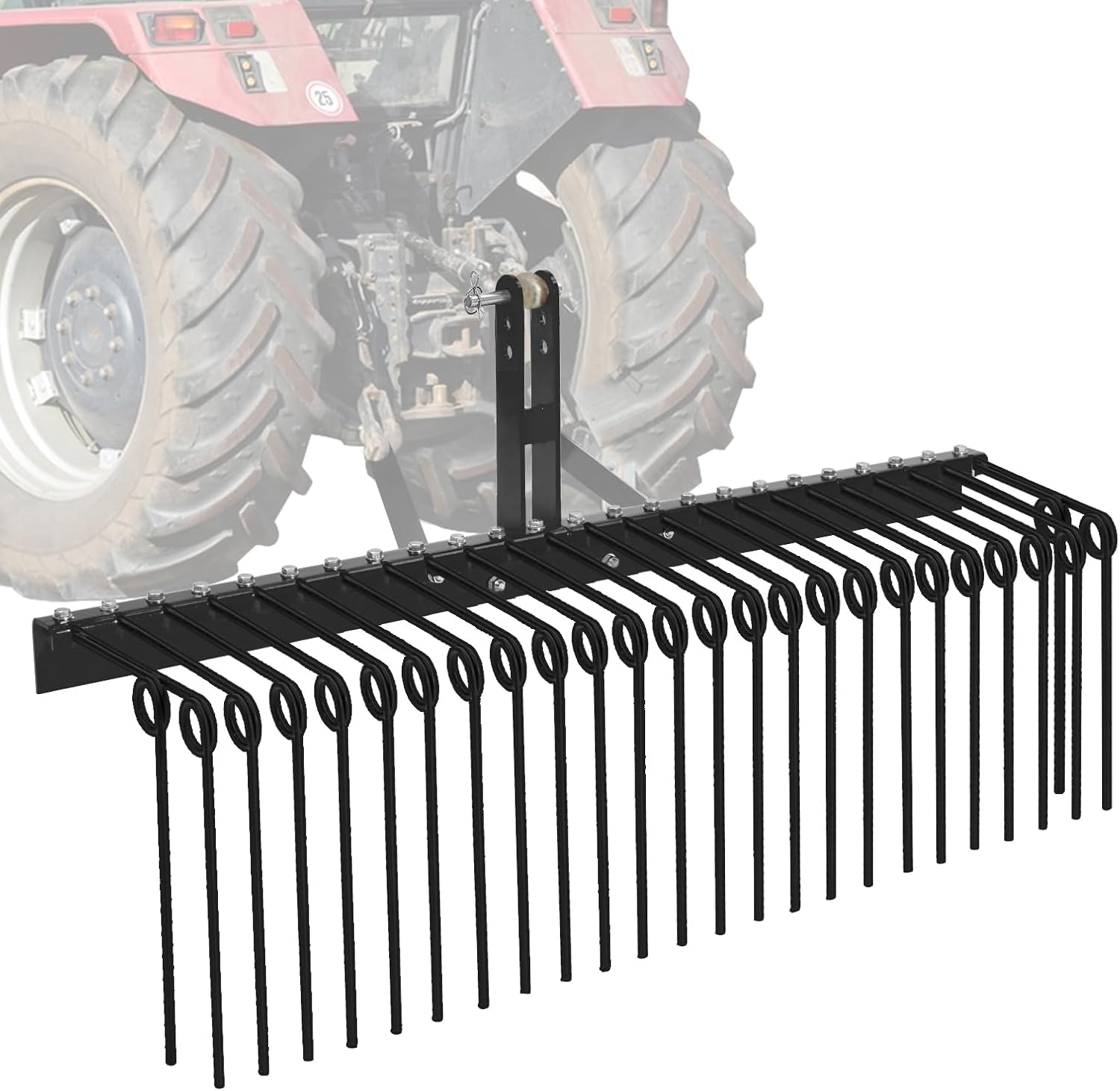 Field Tuff Tow-Behind Landscape Rake with Steel Spring Coil Tines for Leaves, Pine Needles, Straw, and Grass, 3-Point Hitch Receiver Attachment, Black, 60-Inch