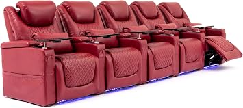 Airadlis Home Theater Seating Seats, Theater Recliner Chair Sofa Game Movie Theater Chairs with 7 Colors Ambient Lighting, Lumbar Pillow, Side Pocket, Tray Table, Power Recline, Red