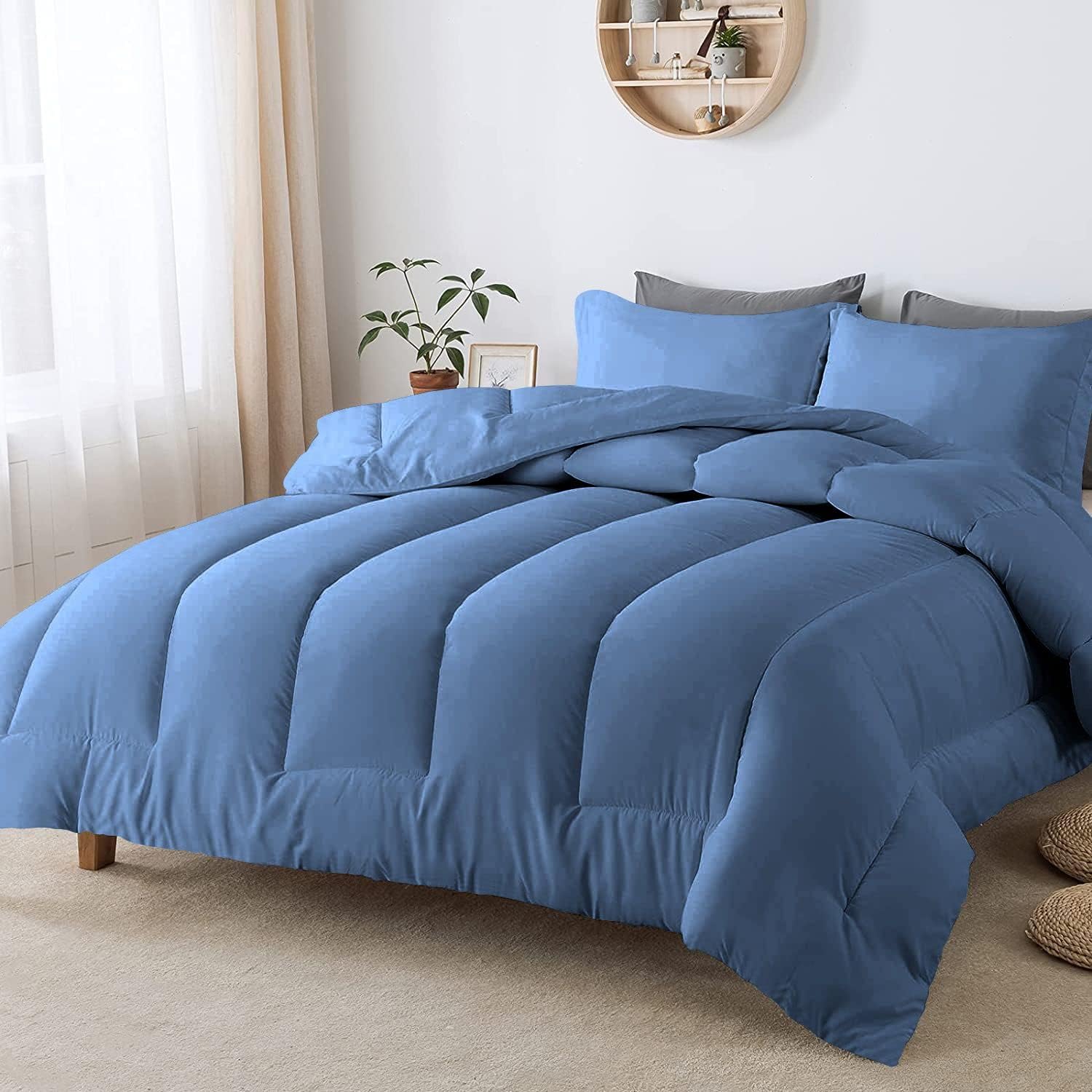 TONY'S TEXTILES 3 Piece Straight Line Pattern Comforter Set Premium Super Soft 600 GSM All Season | 1000 Thread Count | 100% Egyptian Cotton - Full/Queen Size, Medium Blue Color