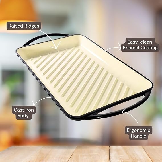 Eclat Rectangular Grill 32cm – Enamelled Cast Iron Grill Pan, Oven-Safe Stovetop Grill, Heavy-Duty Nonstick Griddle for Meat, Vegetables & BBQ (Black Grill 32cm)