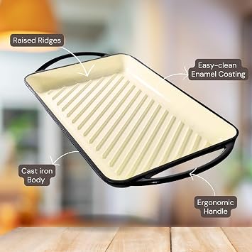 Eclat Rectangular Grill 32cm – Enamelled Cast Iron Grill Pan, Oven-Safe Stovetop Grill, Heavy-Duty Nonstick Griddle for Meat, Vegetables & BBQ (Black Grill 32cm)