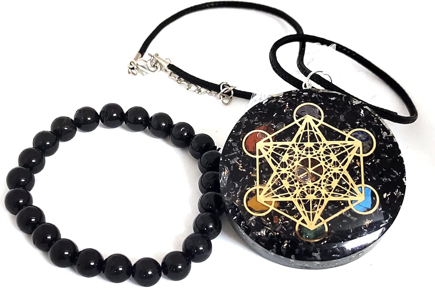 Black Tourmaline Orgone Crystal Pyramid & Pendant Seven Chakra Metatron Cube Merkaba | Natural Stone Bracelet | E Protection Kit Reiki Spiritual Healing Positive Energy Generator Yoga Meditation - Image 2