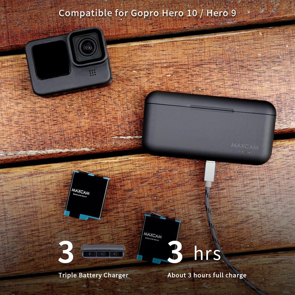 MAXCAM 2-Pack Replacement Batteries and Triple Charger for GoPro HERO11/HERO10/HERO9 Black