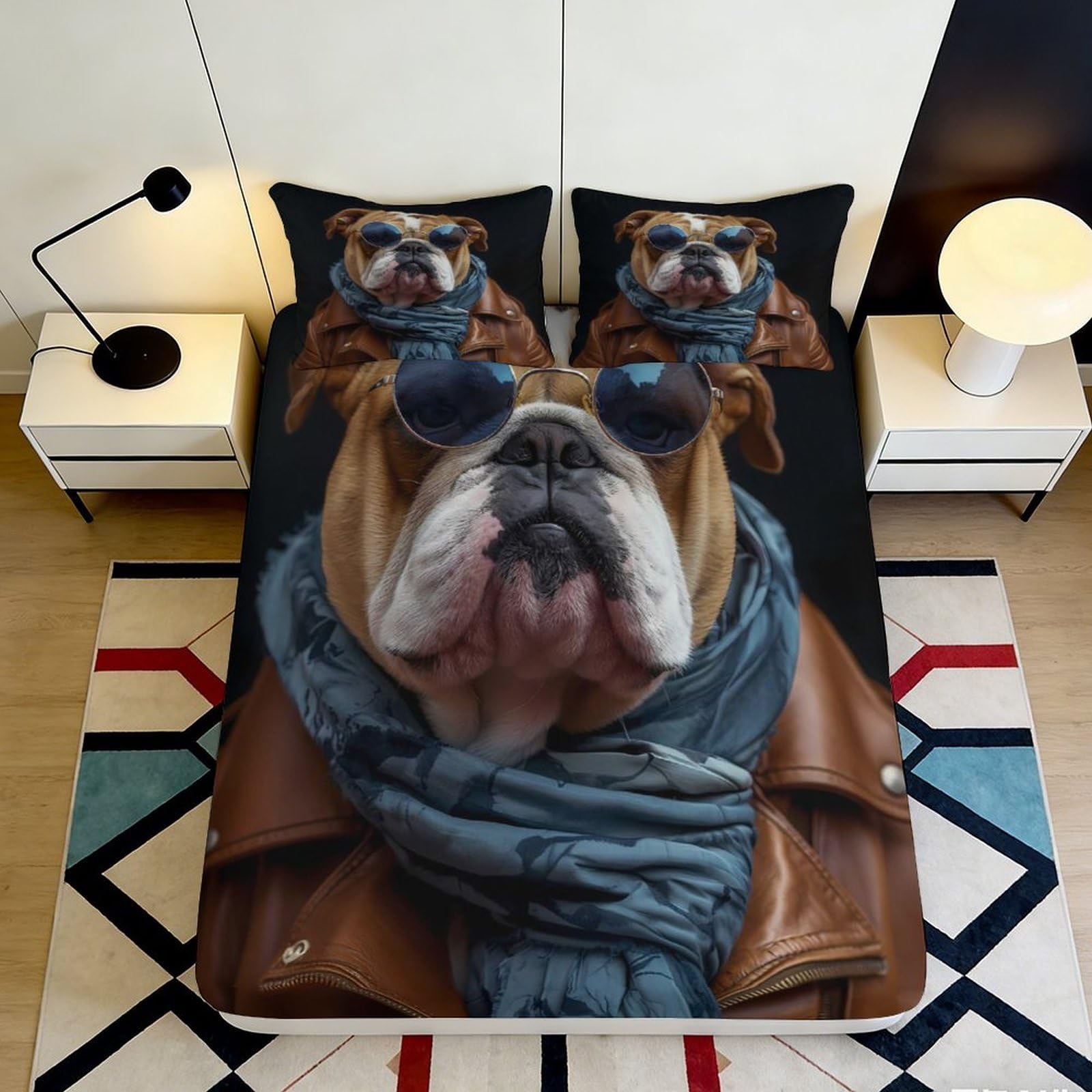 3D Printed Bulldog Pattern Fitted Sheet Microfiber Soft Breathable Cool Dog Design Mattress Cover for Bedroom Dormitory Guest Room Protection 200x200x25cm