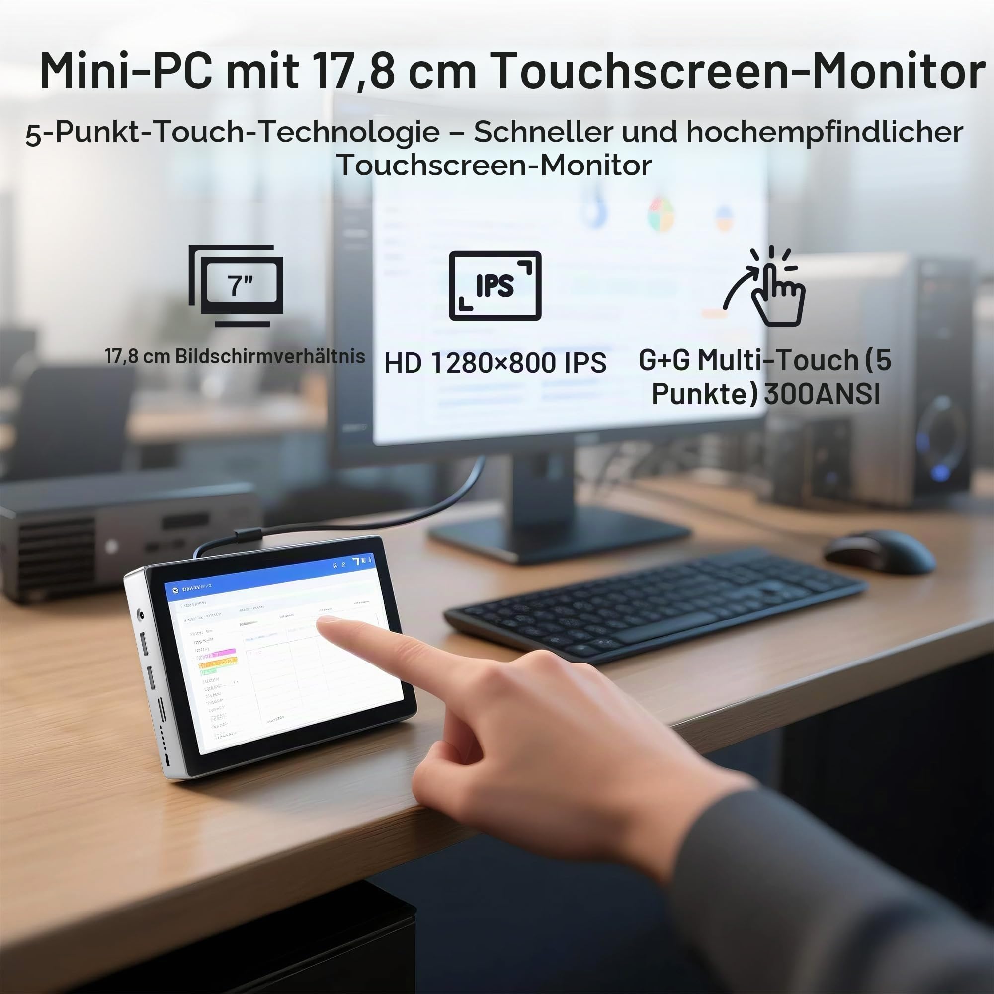 Mini Computer PC Mini PC Desktop Celeron N95, 16GB RAM 256GB eMMC, Win 11 Pro Mini-pc mit 7 Zoll Touchscreen HD 1280x800, Dualer 4K Display Ausgang, HDMI, USB-C, Wifi5,0, Duales LAN