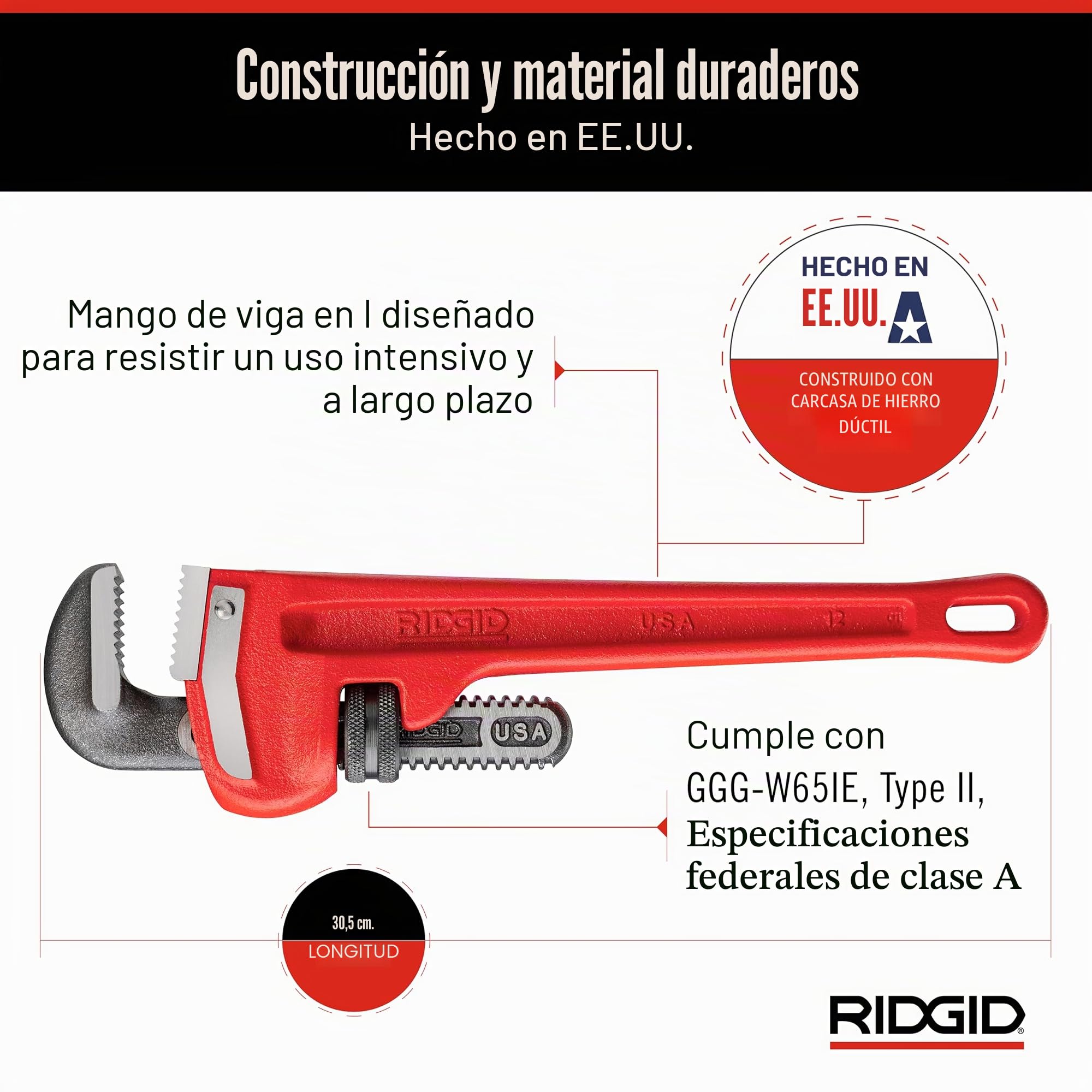 RIDGID 31015 Llave de tubo recta para servicio pesado de 12 pulgadas, Llave de fontanería de 12 pulgadas